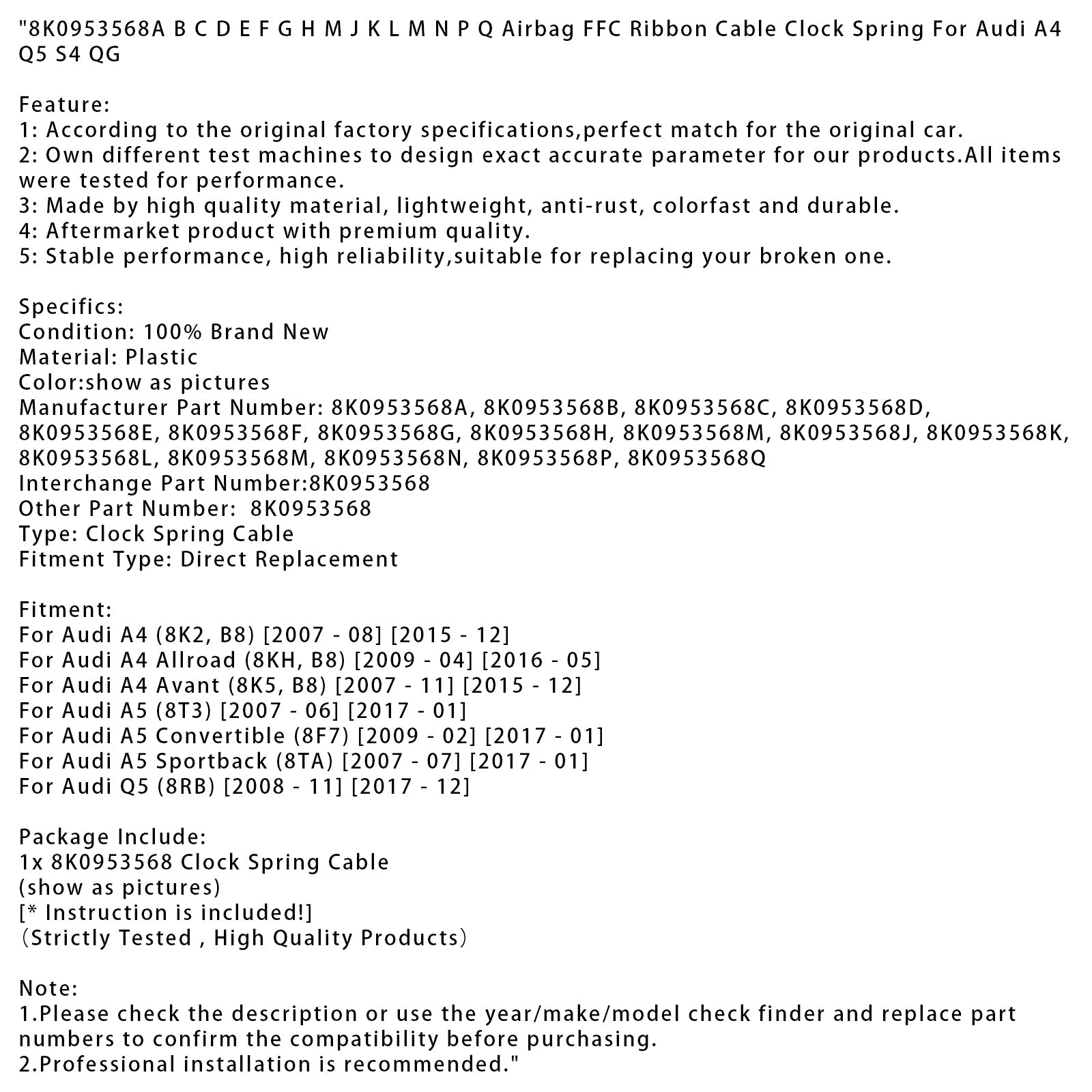 2007.07-2017.01 Audi A5 Sportback (8TA) Airbag FFC Ribbon Cable Clock Spring 8K0953568A B C D E F G H M J K L M N P Q
