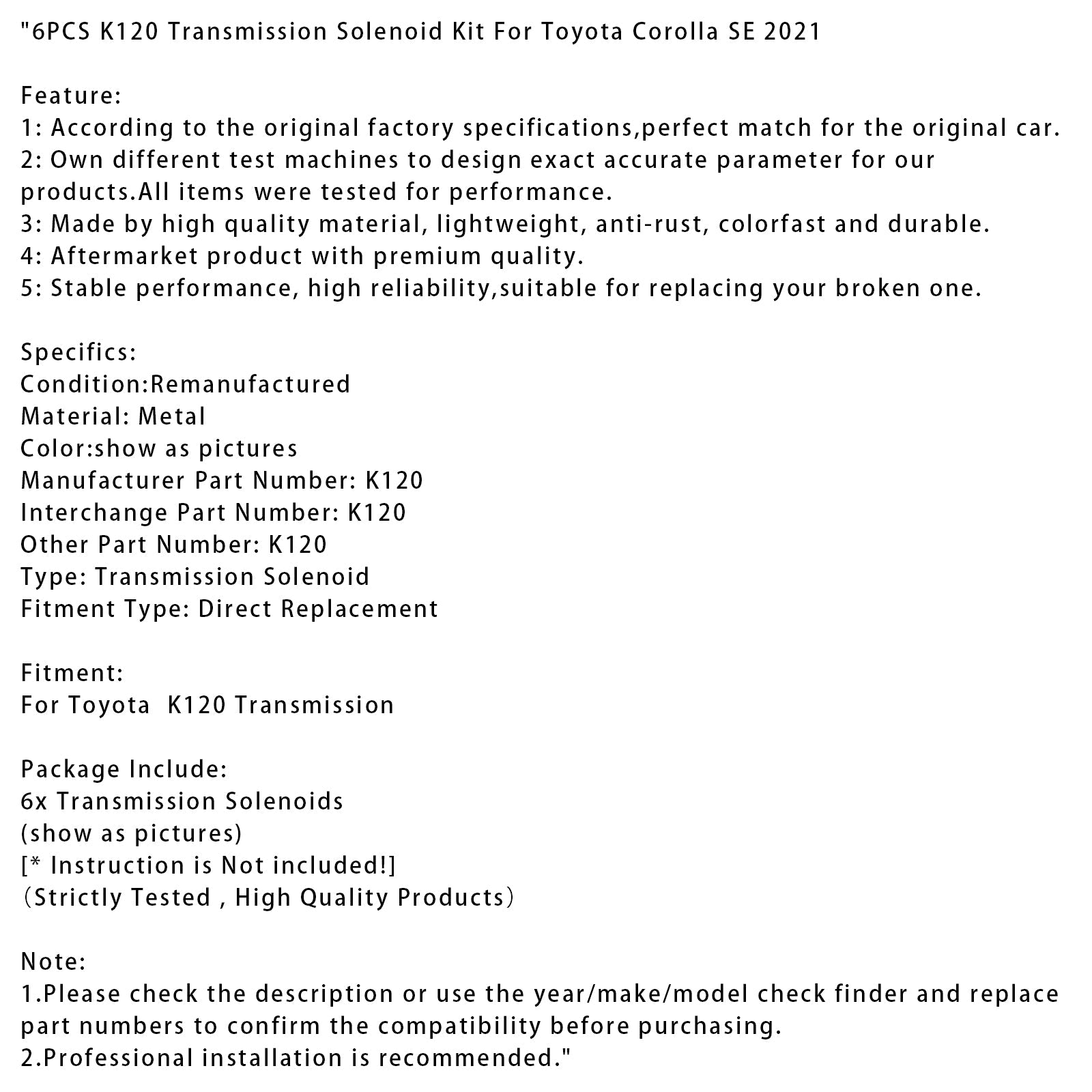 2021 Toyota Corolla SE 6PCS K120 Transmission Solenoid Kit