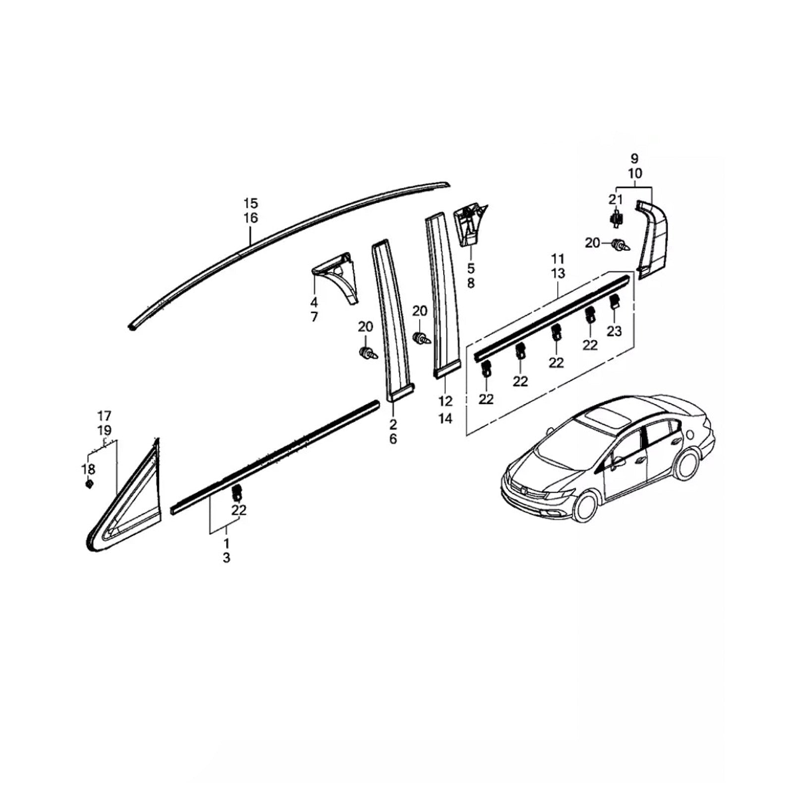 2012-2015 Honda Civic 4 Doors 2PCS Roof Drip Molding Trim Left & Right Side Rubber