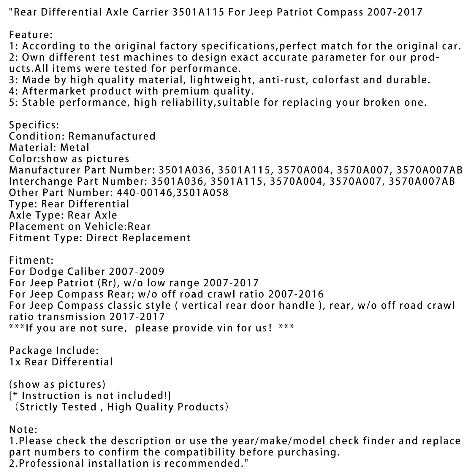 Rear Differential Axle Carrier 3501A115 For Jeep Patriot Compass 2007-2017