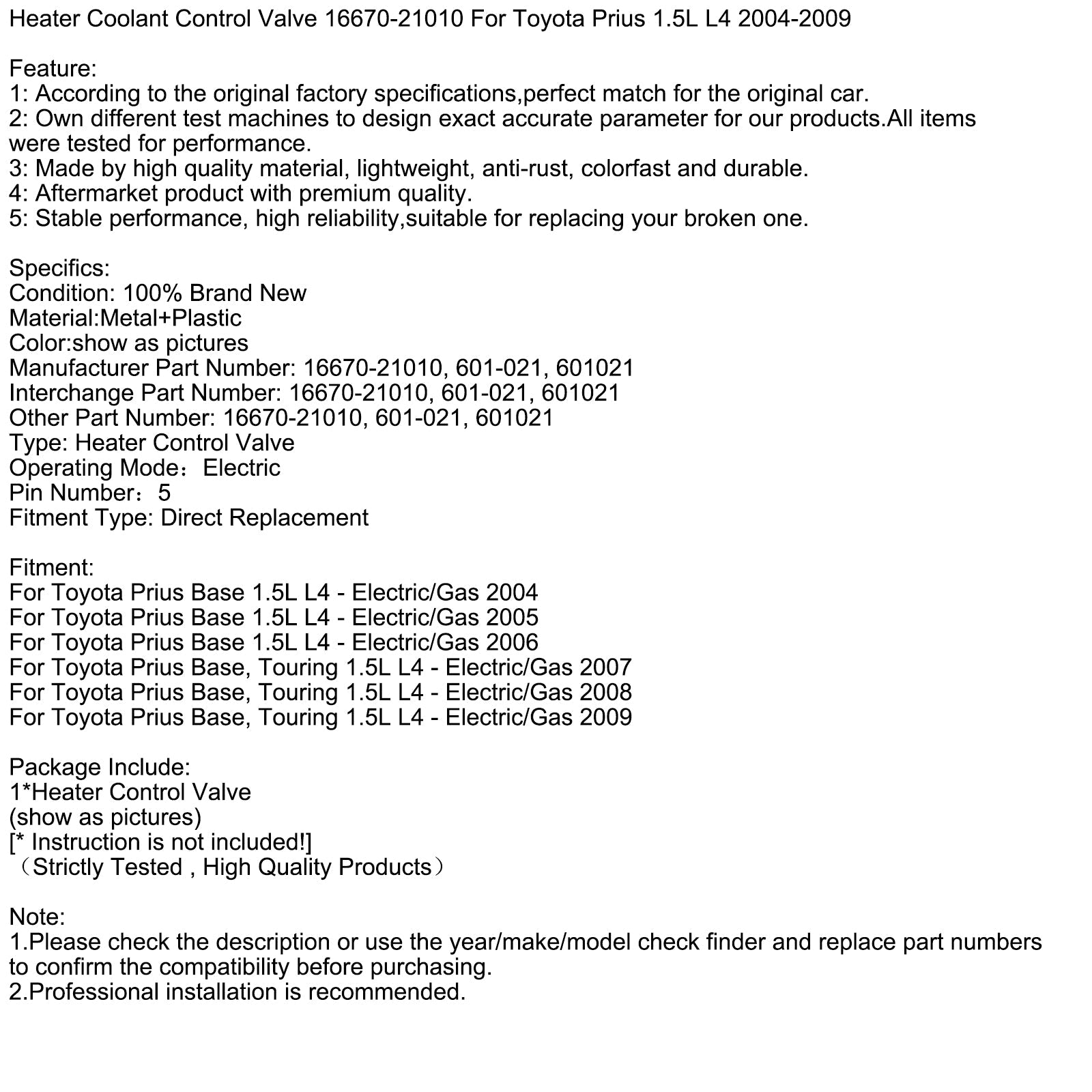 Heater Coolant Control Valve 16670-21010 For Toyota Prius 1.5L L4 2004-2009