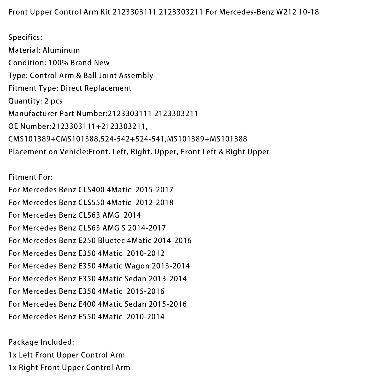 2012-2018 Mercedes Benz CLS550 4Matic Front Upper Control Arm Kit 2123303111 2123303211