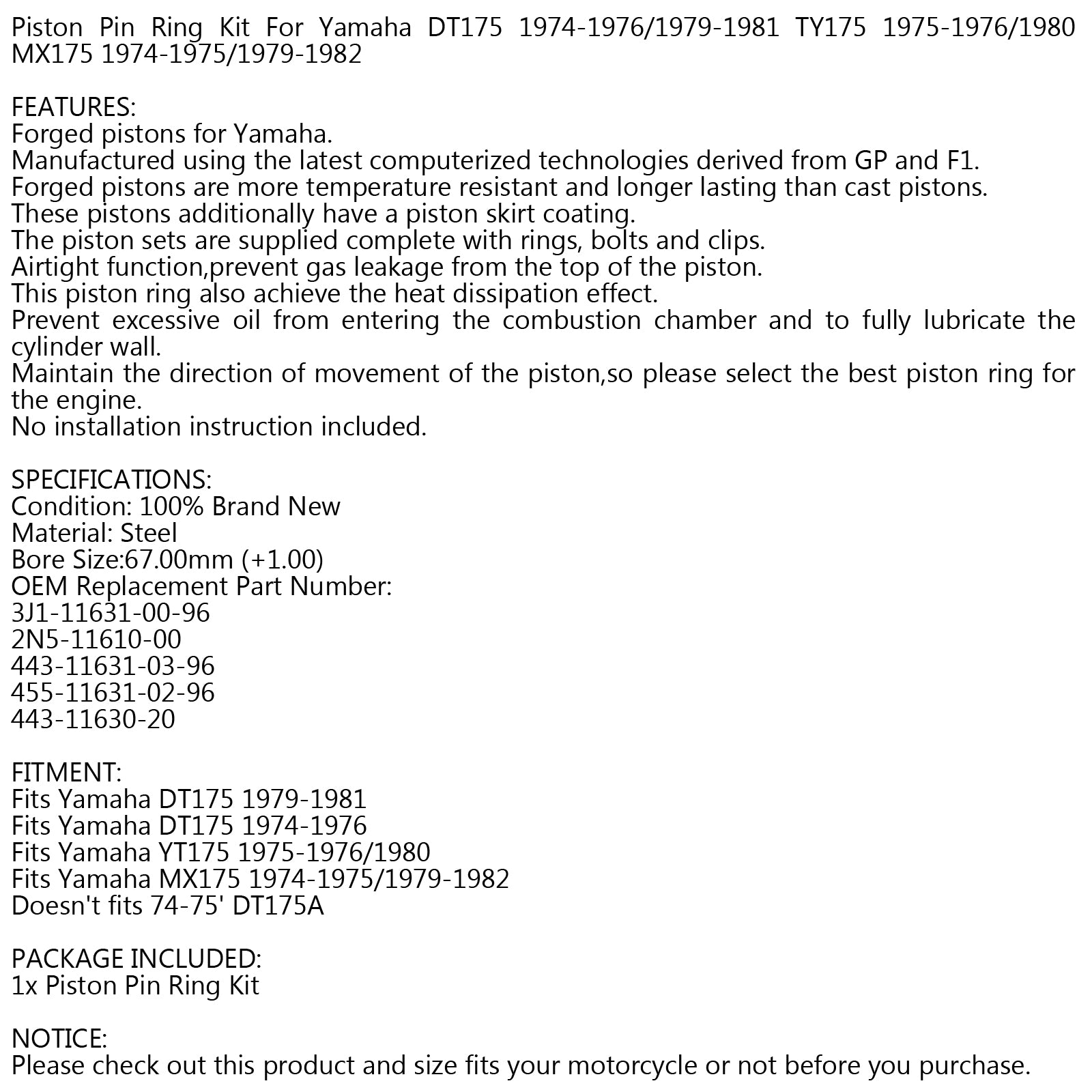 Yamaha 175DT 175MX YT175 1974-1982 보어 크기 67.00mm용 피스톤 키트 +1.00