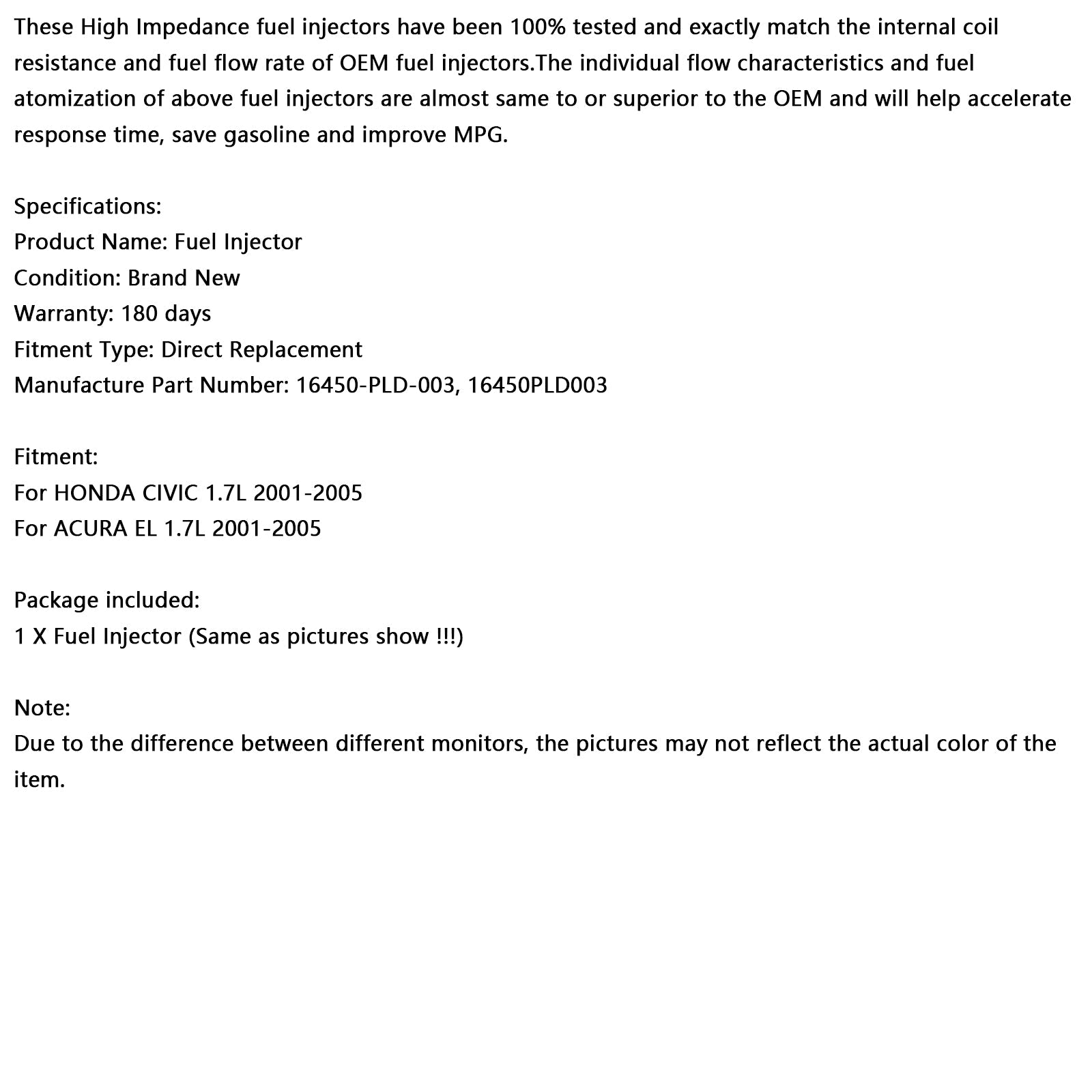 2001-2005 Honda Civic 1.7L 1PCS Fuel Injector 16450-PLD-003 Fit ACURA EL