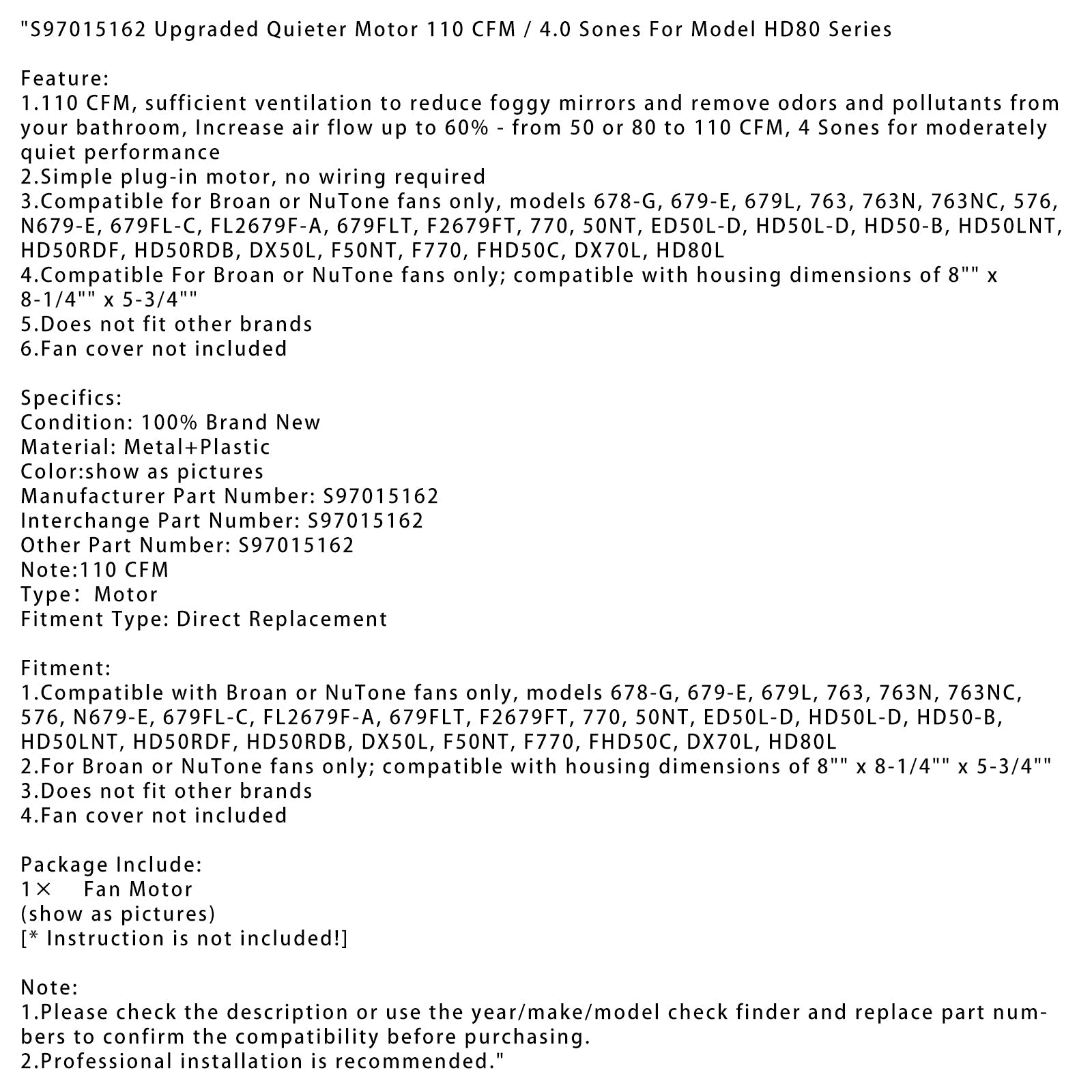 S97015162 Upgraded Quieter Motor 110 CFM / 4.0 Sones For Model HD80 Series