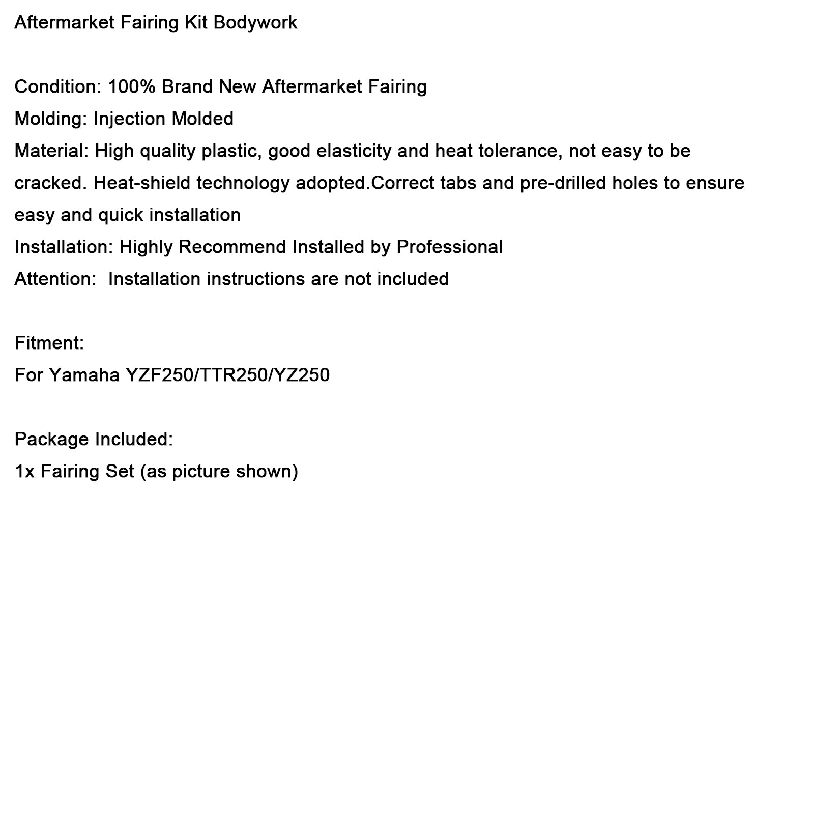 Yamaha YZF250 TTR250 YZ250 Body Plastic Kit Front Rear Fender Fairing