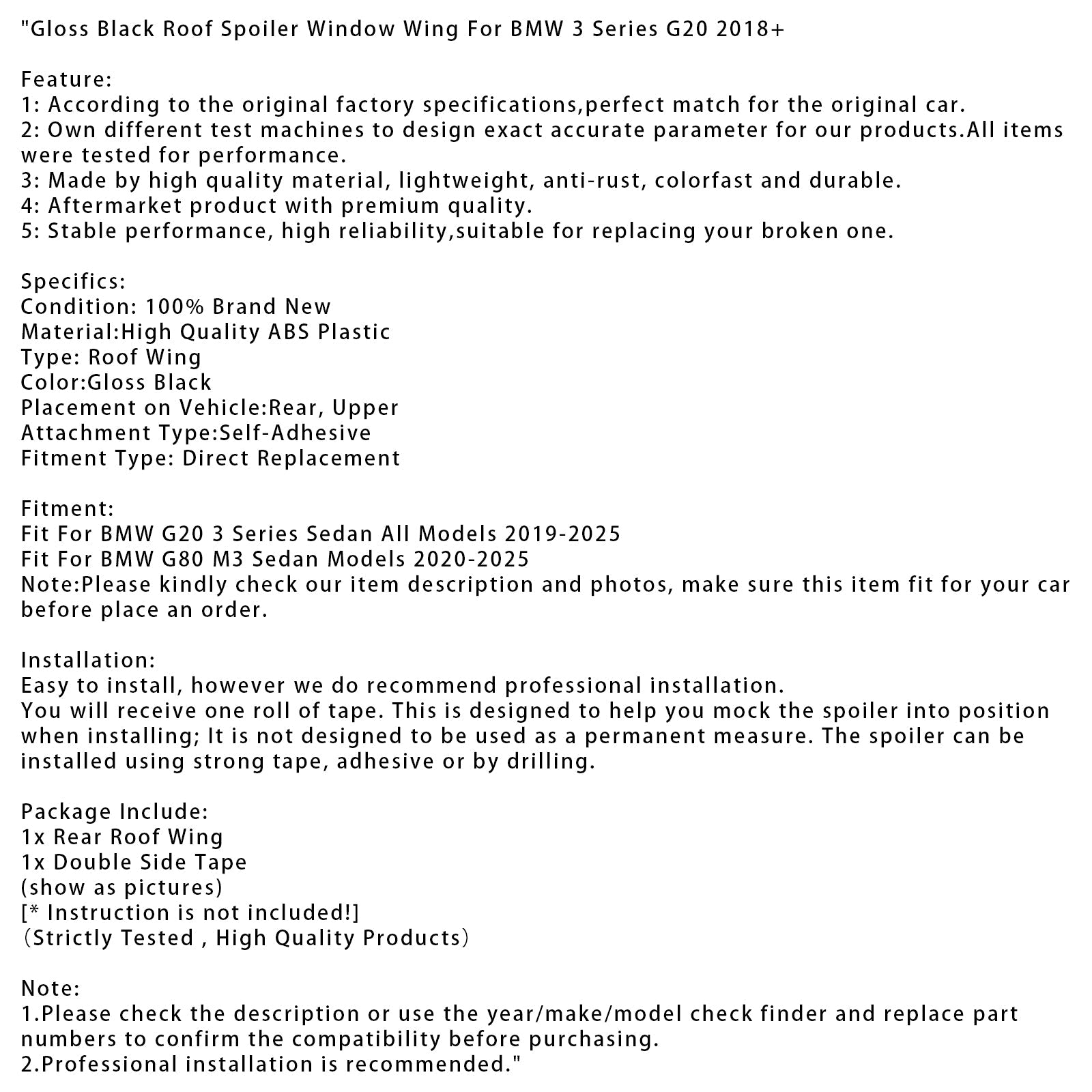 Gloss Black Rear Roof Spoiler Window Wing For BMW 3 Series G20 G80 2018+