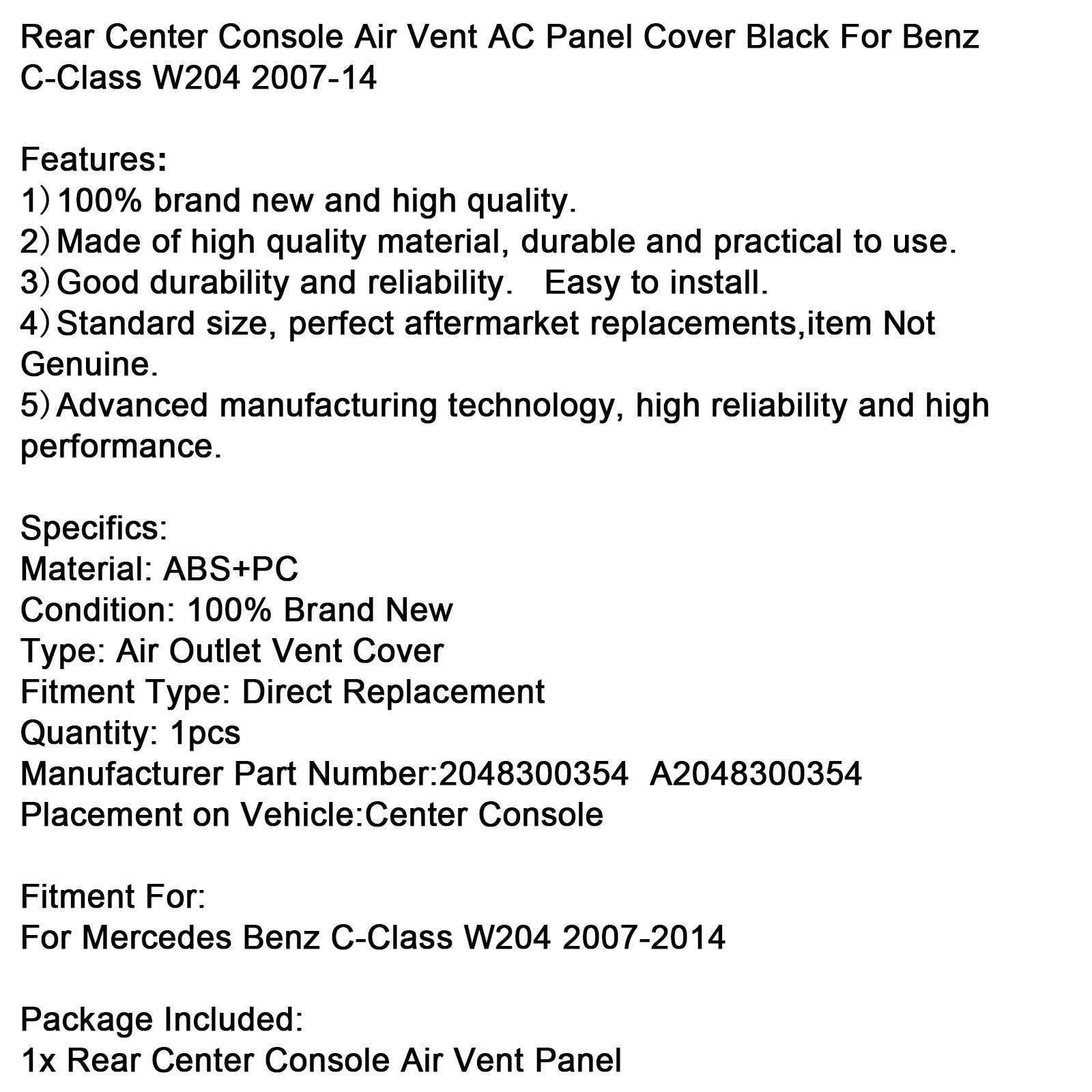 2007-2014 Mercedes Benz C-Class W204 Rear Center Console Air Vent AC Panel Cover Black