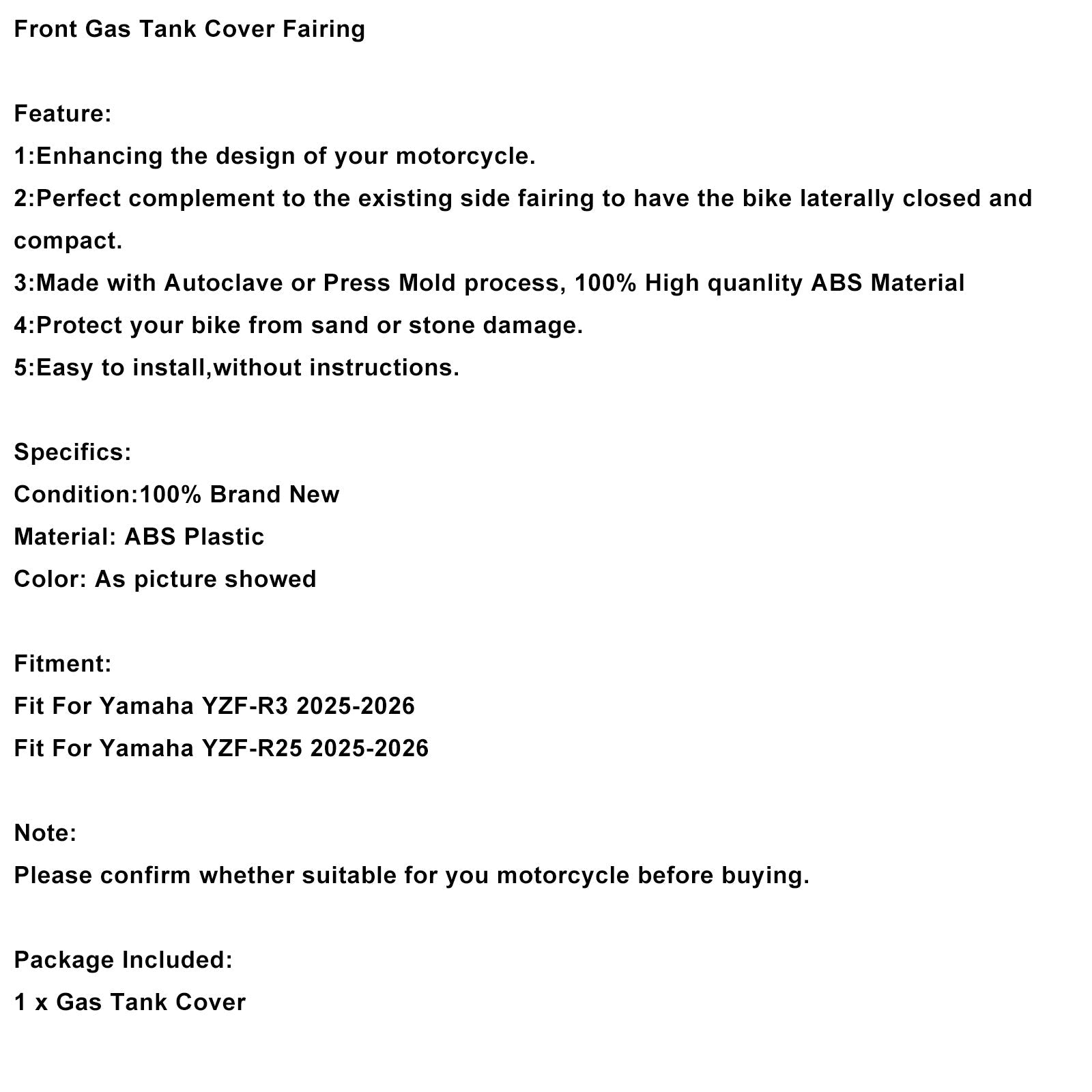 2025-2026 Yamaha YZF-R3 R25 Front Gas Tank Cover Fairing