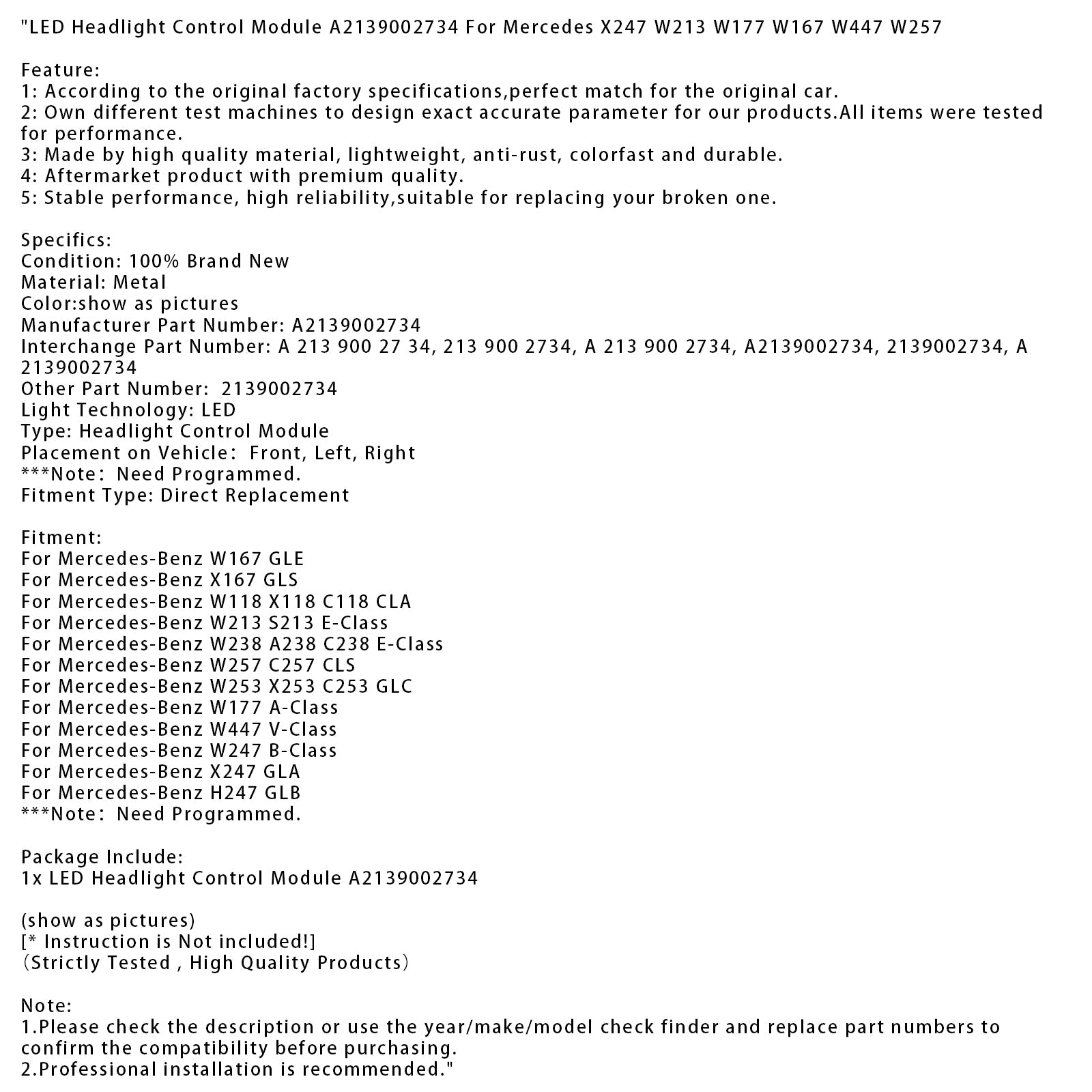 Mercedes-Benz X247 GLA LED Headlight Control Module A2139002734