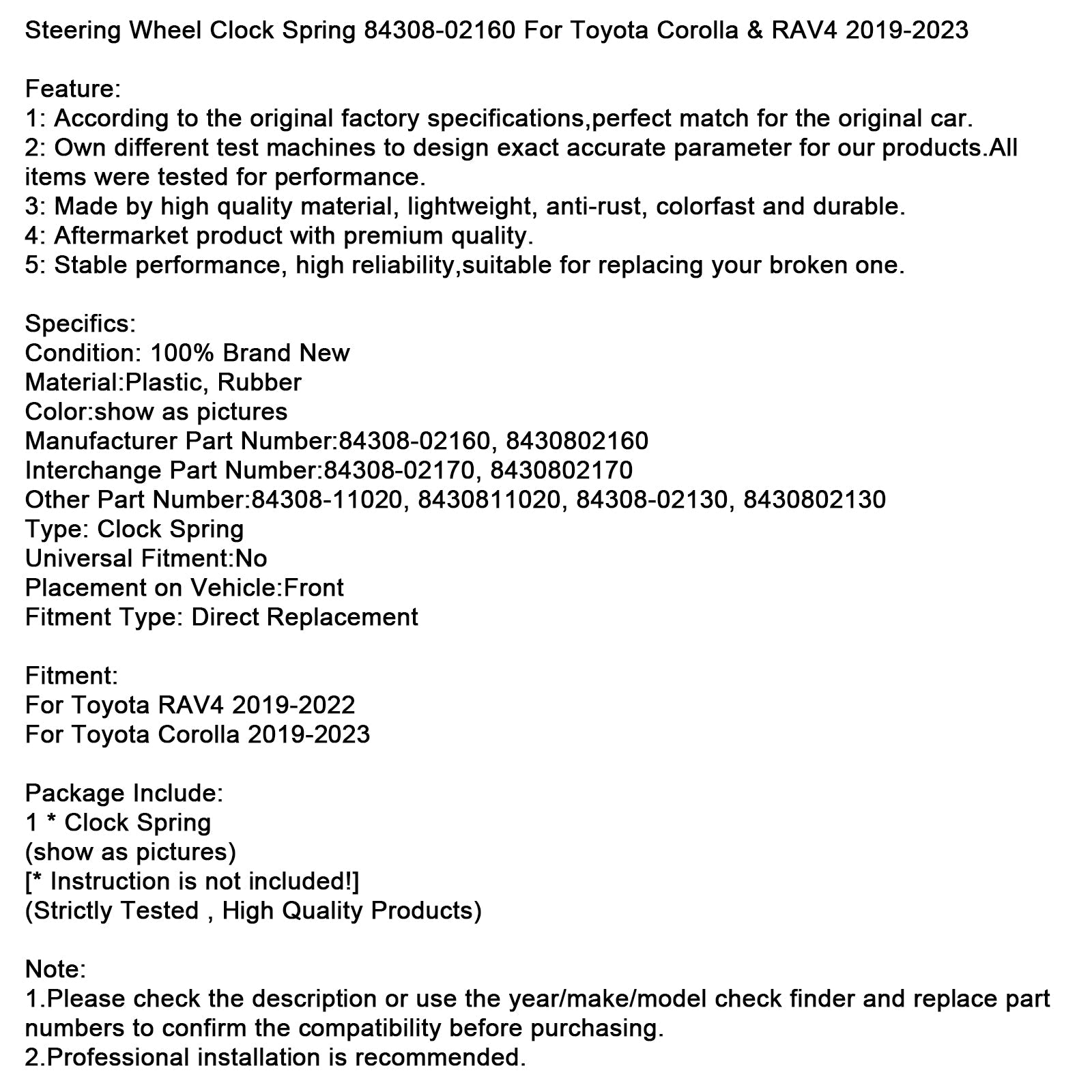 Steering Wheel Clock Spring 84308-02160 For Toyota Corolla & RAV4 2019-2023