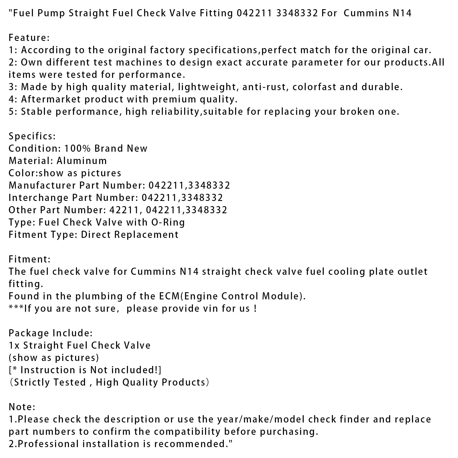 Fuel Pump Straight Fuel Check Valve Fitting 042211 3348332 For Cummins N14