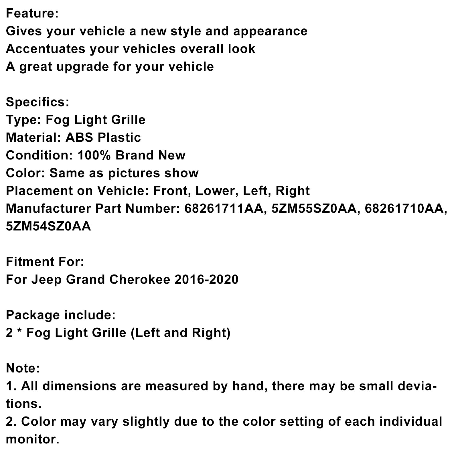 2016-2020 Jeep Grand Cherokee 2PCS Front Fog Light Lamp Bezel 68261711AA