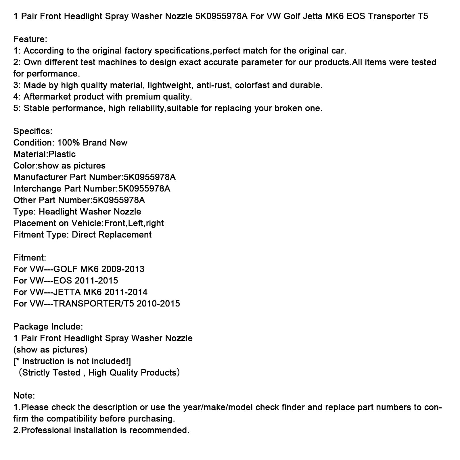 1 Pair Front Headlight Spray Washer Nozzle 5K0955978A For VW Golf Jetta MK6