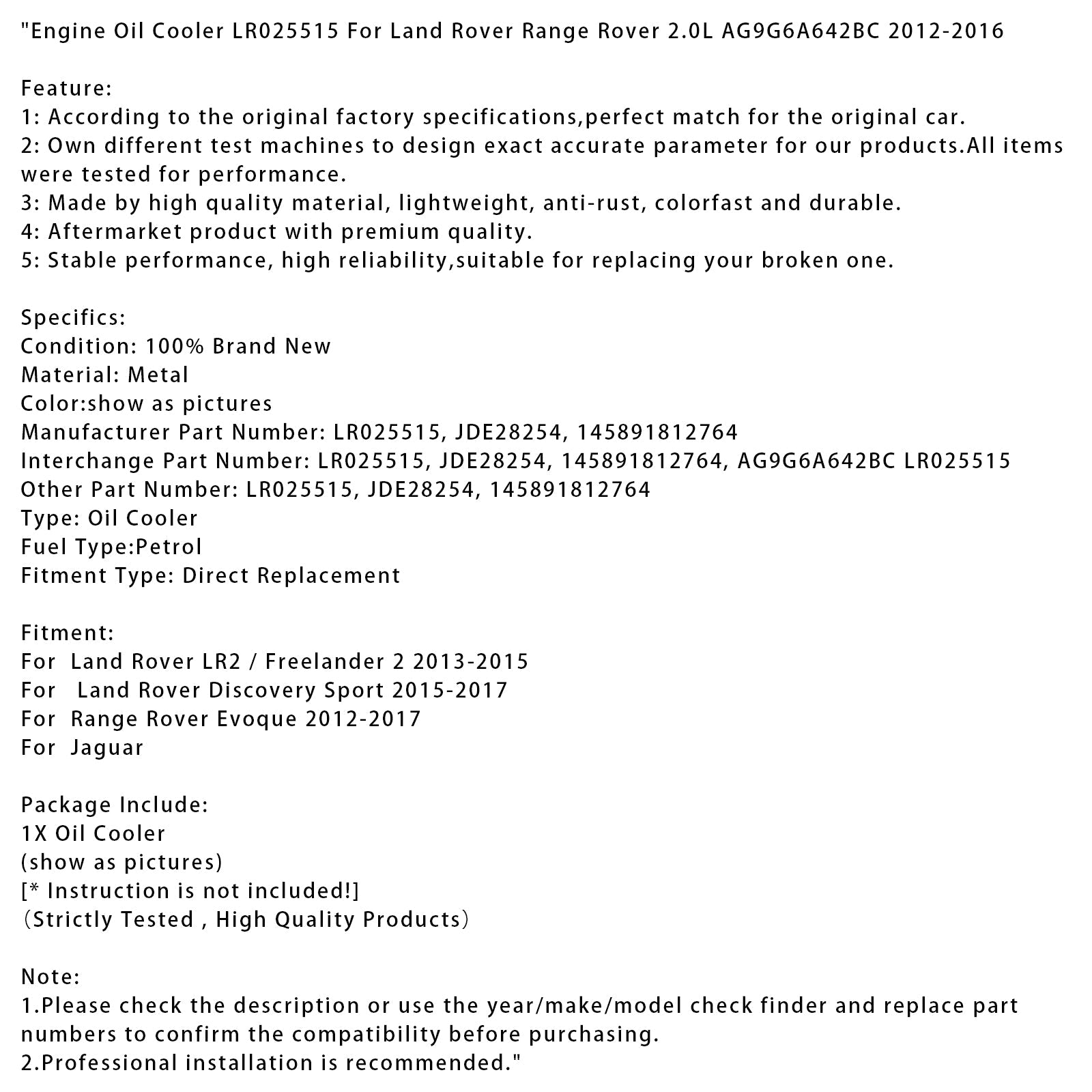 Engine Oil Cooler LR025515 Per Land Rover Range Rover 2.0L AG9G6A642BC 2012-2016