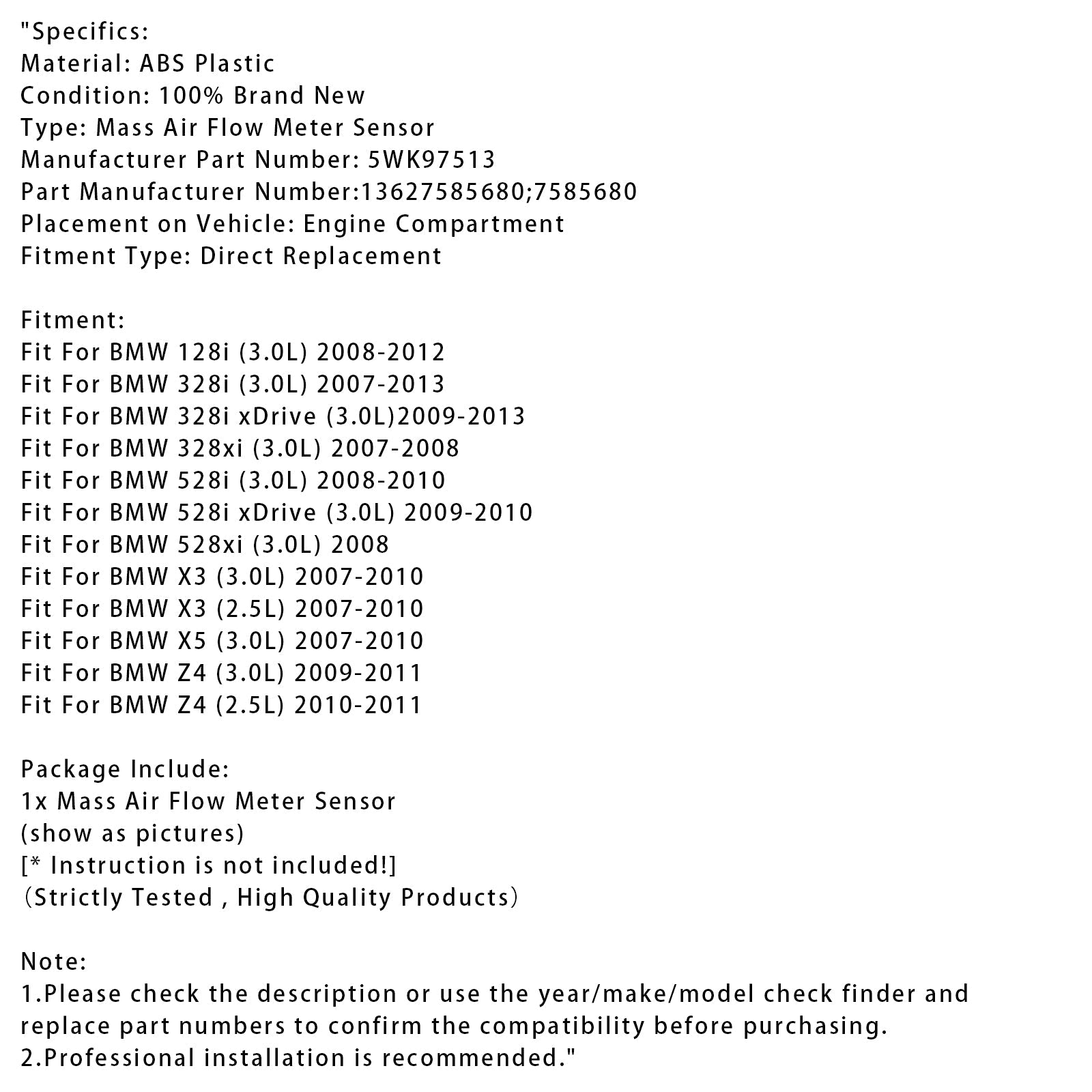 Mass Air Flow Meter Sensor For BMW 128i 328i X3 X5 Z4 13627585680