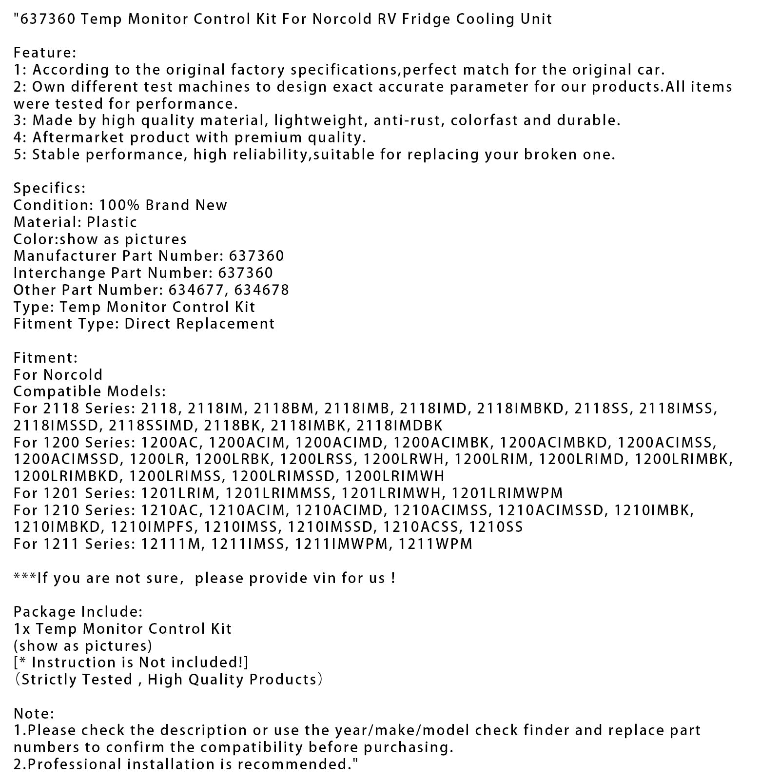 637360 Temp Monitor Control Kit For Norcold RV Fridge Cooling Unit