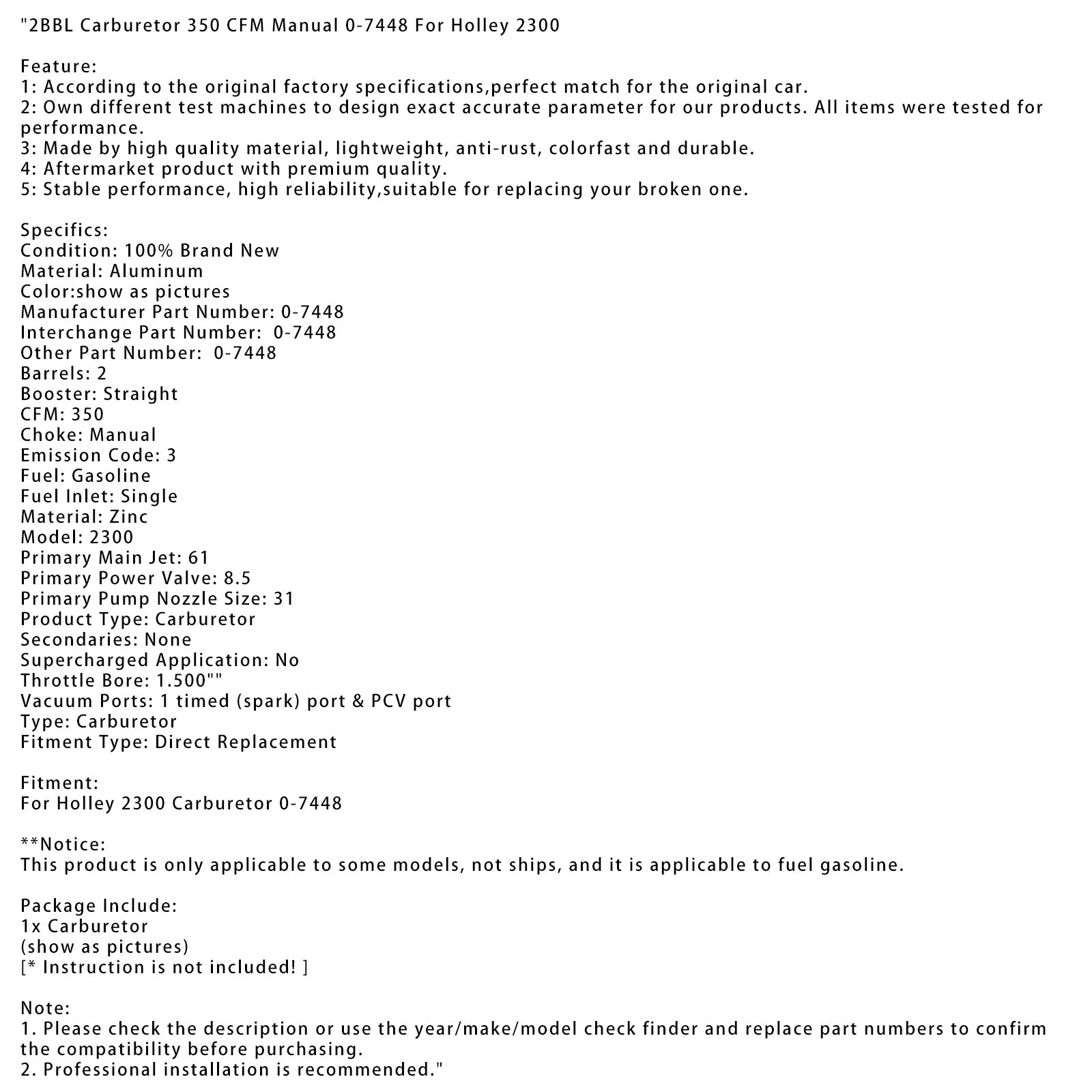 2BBL 기화기 350 CFM 매뉴얼 0-7448 Holley 2300