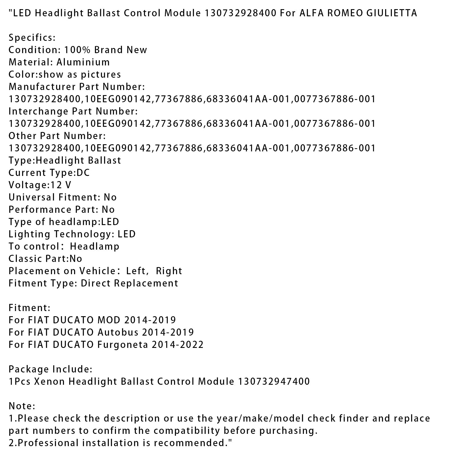 2011-2016 ALFA ROMEO GIULIETTA LED Headlight Ballast Control Module 130732928400