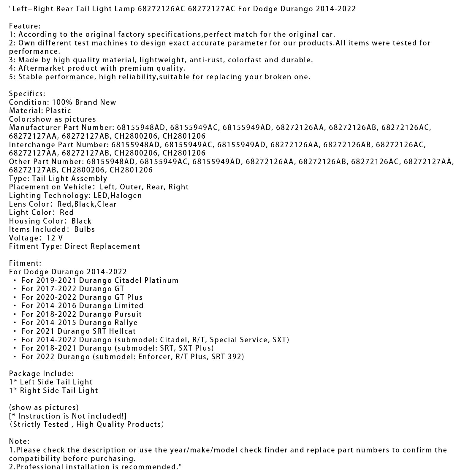 2014-2015 Durango Rallye Left+Right Rear Tail Light Lamp 68272126AC 68272127AC