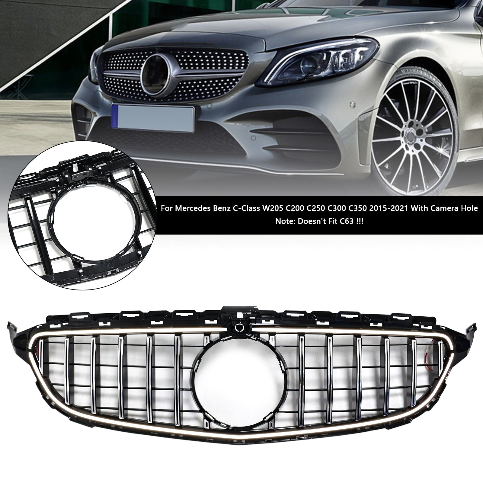 Chrome Front Bumper Grill Grille Fit Mercedes W205 C250 C300 2015-2021 W/LED