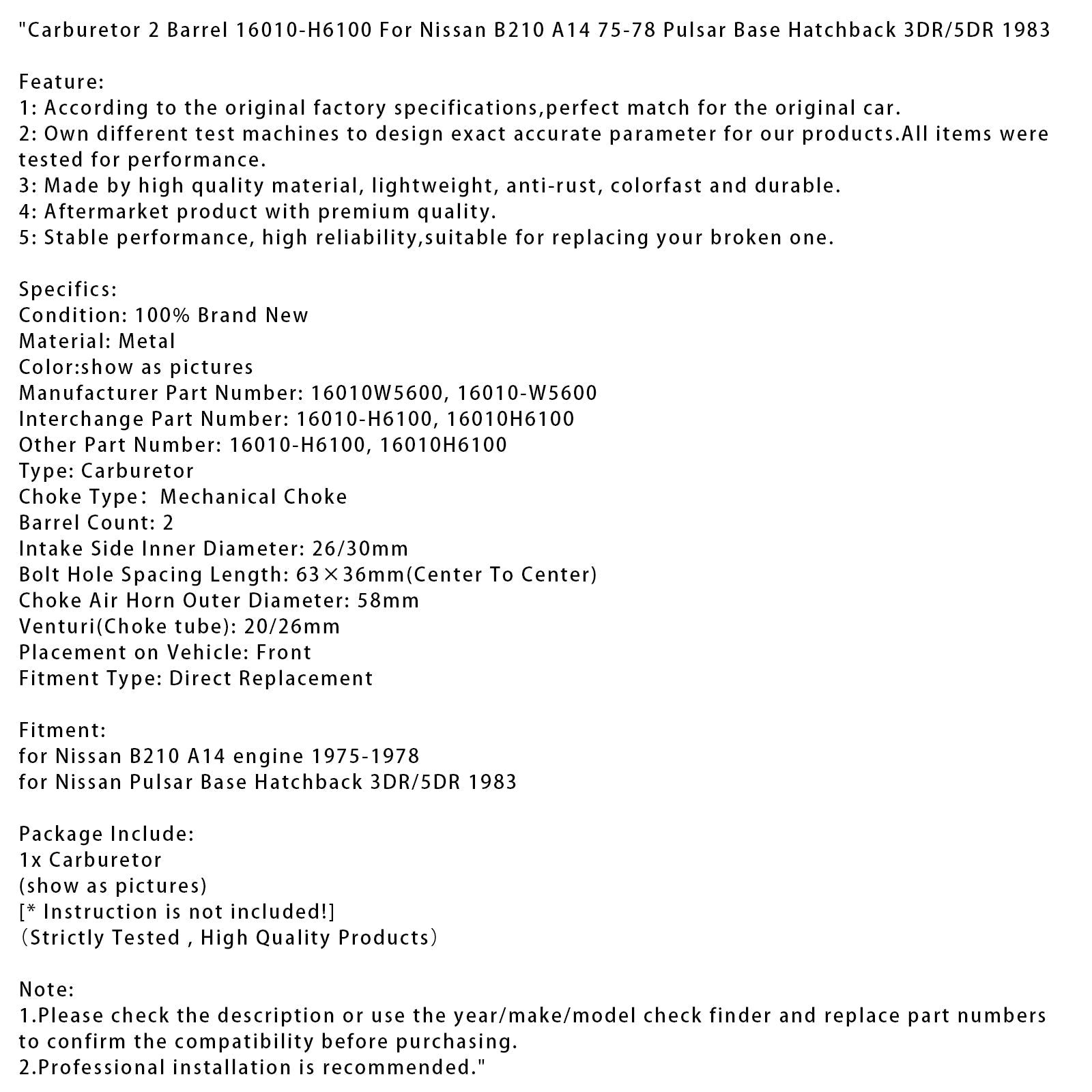 1983 Nissan Pulsar Base Hatchback 3DR/5DR Carburetor 2 Barrel 16010-H6100 16010W5600