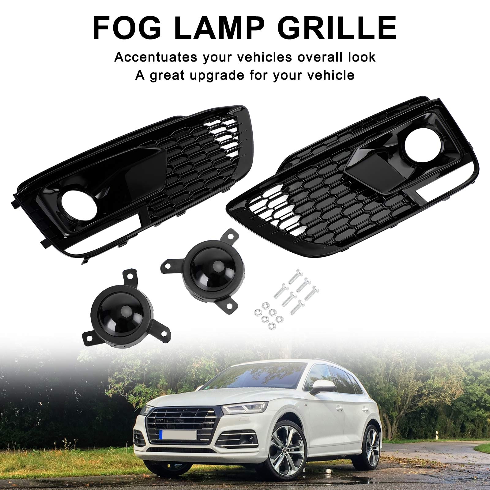 RSQ5 Black Front Honeycomb Fog Lamp Grilles Cover Fit Audi Q5 SQ5 2018-2020