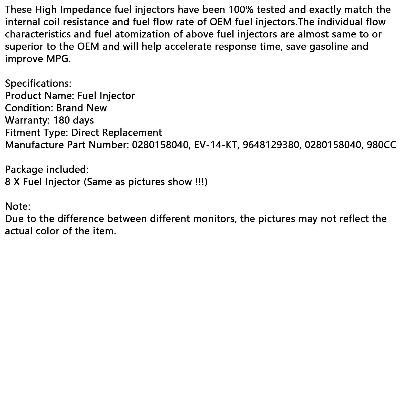 8PCS 980CC Fuel Injector 0280158040 Fit Bosch Nozzle Valve EV14KT Petrol