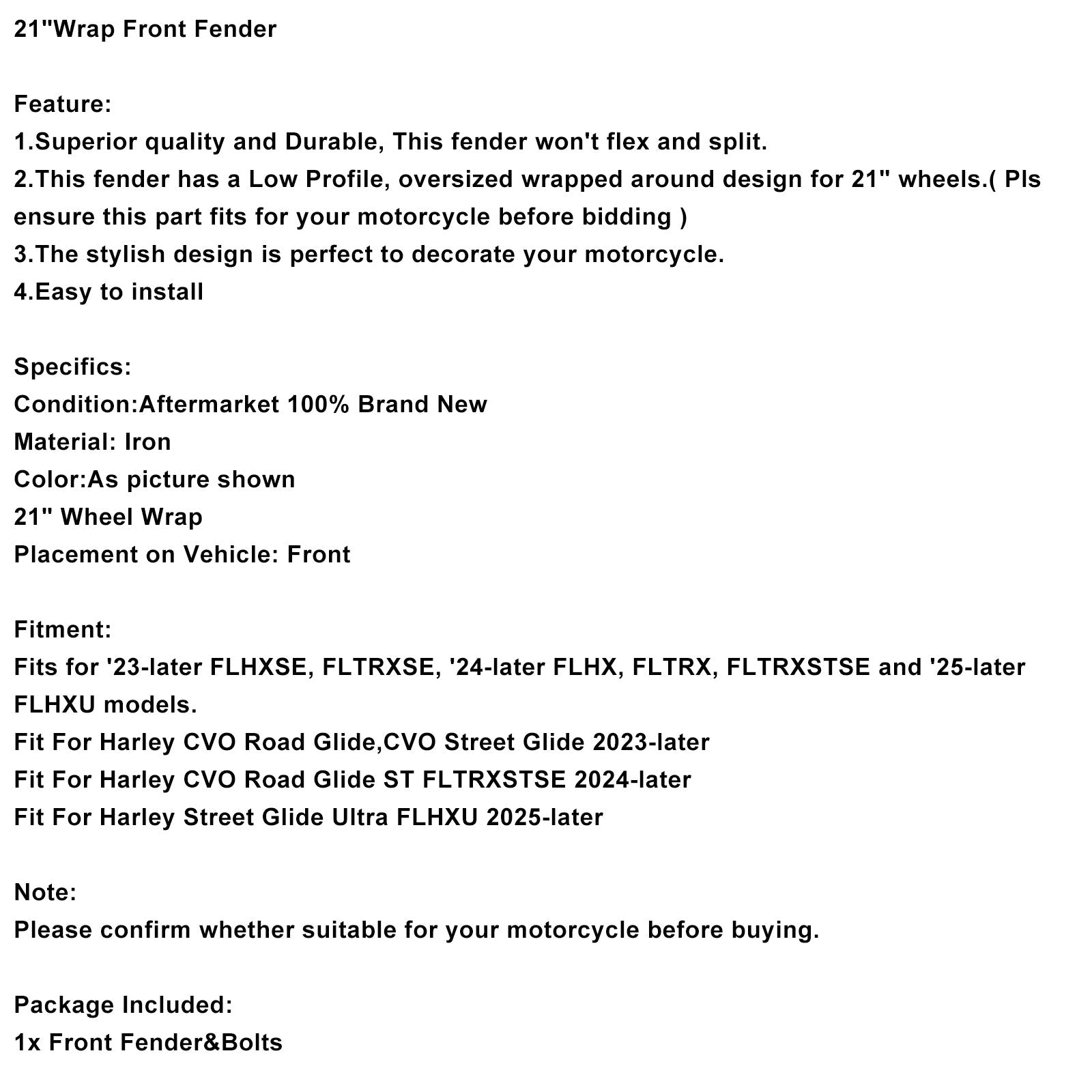 2024-later Harley CVO Road Glide ST FLTRXSTSE 21" Wrap Front Fender Iron