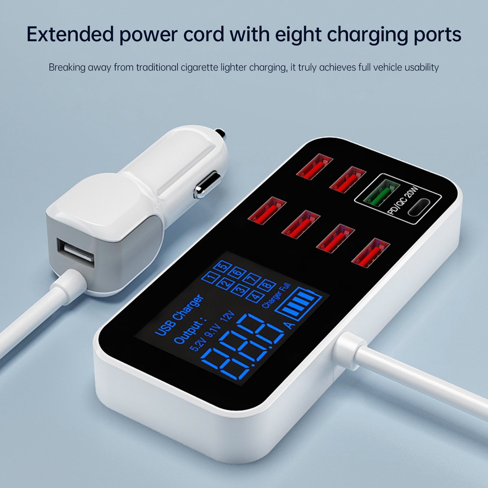USB Charger PD5V1A QC3.0 Display Small Car 8 Port Car Charger Cigarette Lighter