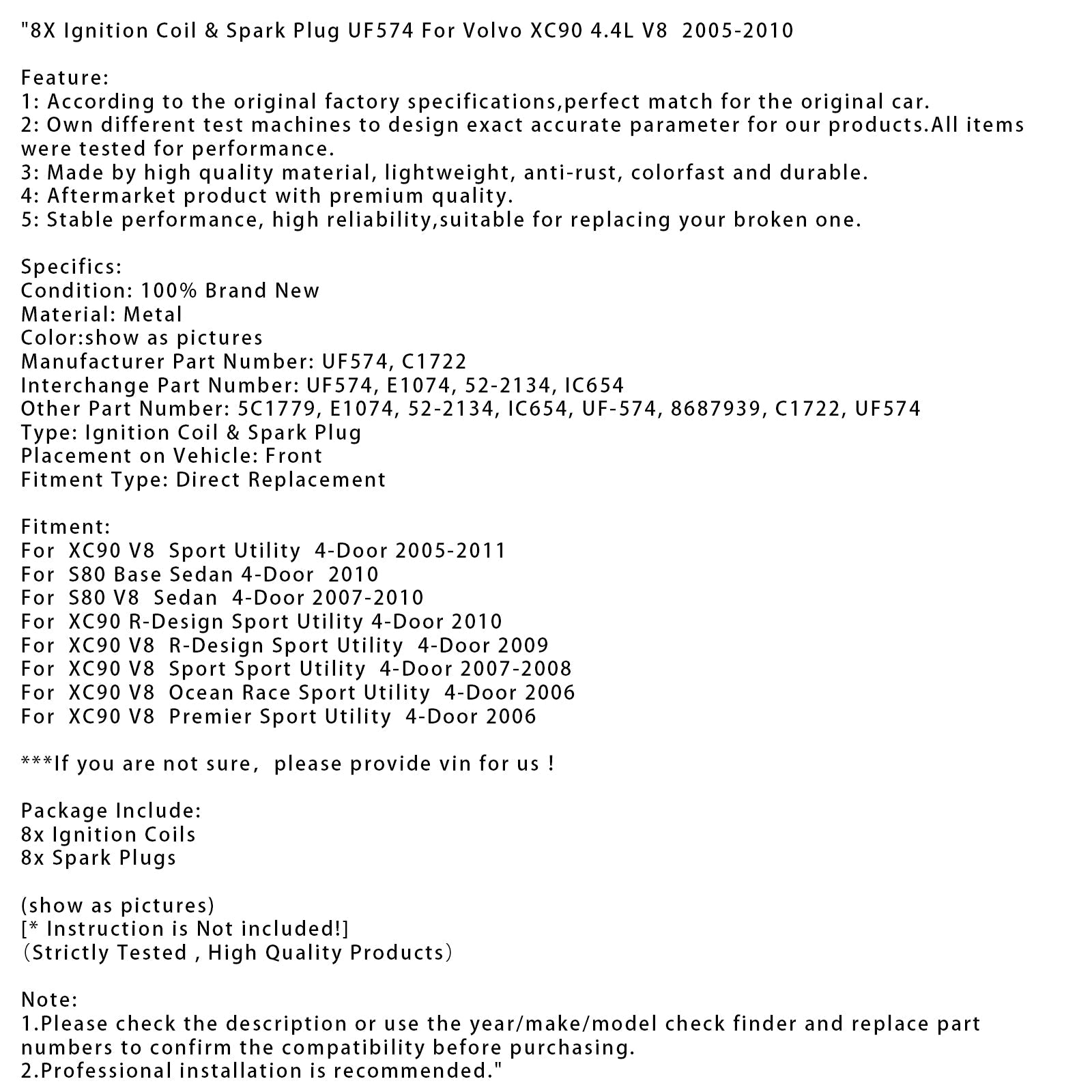 2010 Volvo XC90 R-Design Sport Utility 4-Door 8X Ignition Coil & Spark Plug UF574