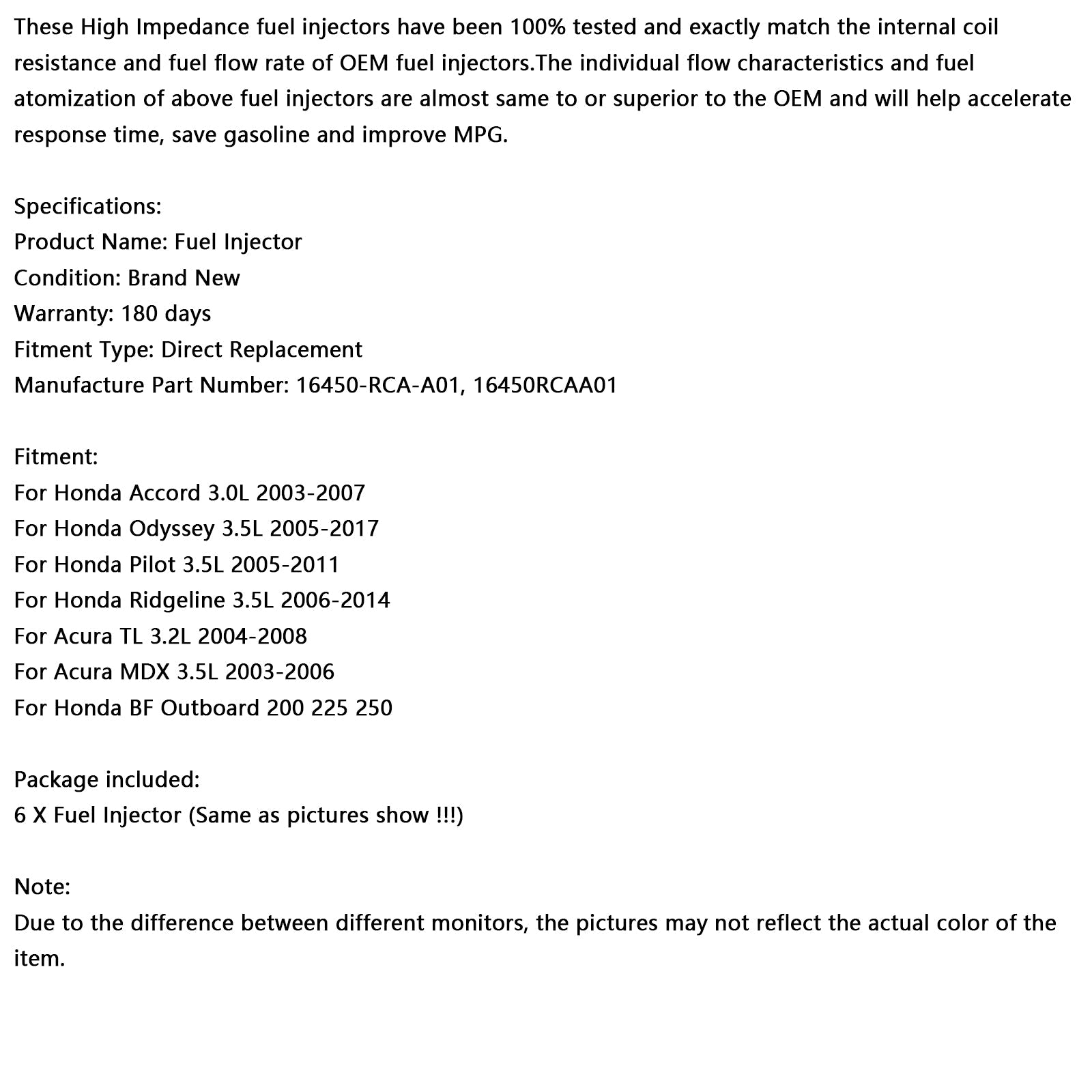 6PCS Fuel Injector 16450-RCA-A01 Fit Honda MDX Tl Accord Pilot Fit Acura