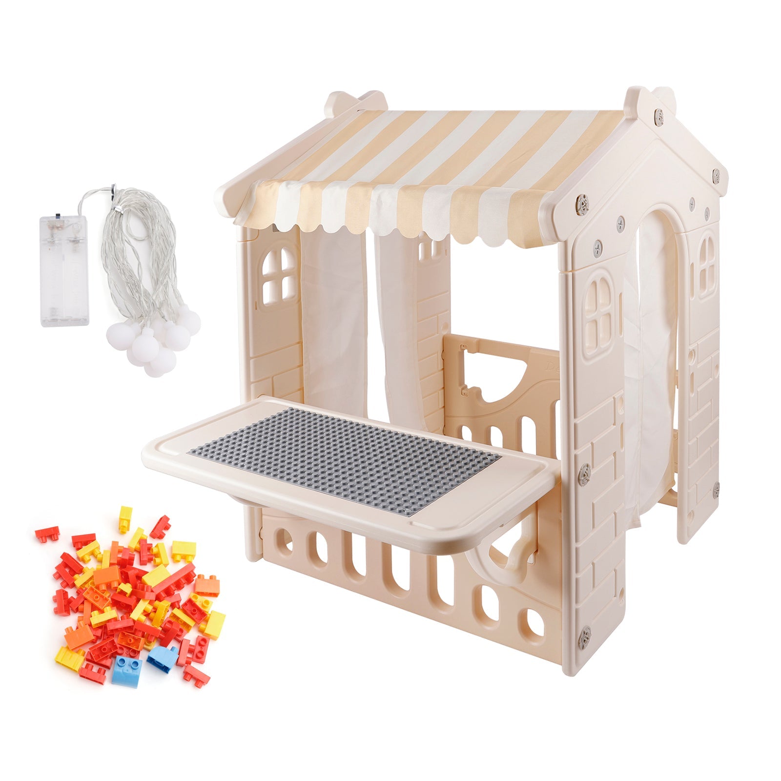 Kid Plastic Outdoor Playhouse With Light Strip And Building Blocks Toddler Toy