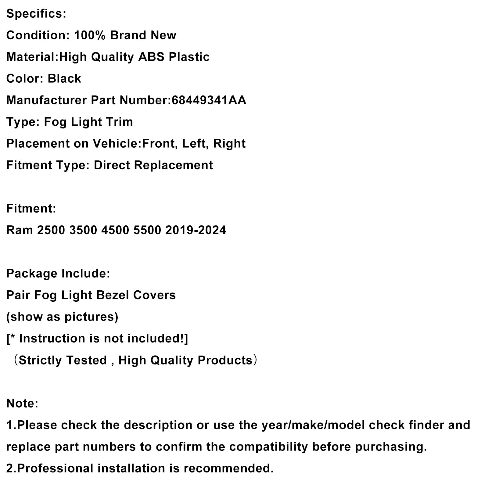 2019-2024 Ram 2500 3500 Pair Fog Light Bezel Trim 68449341AA