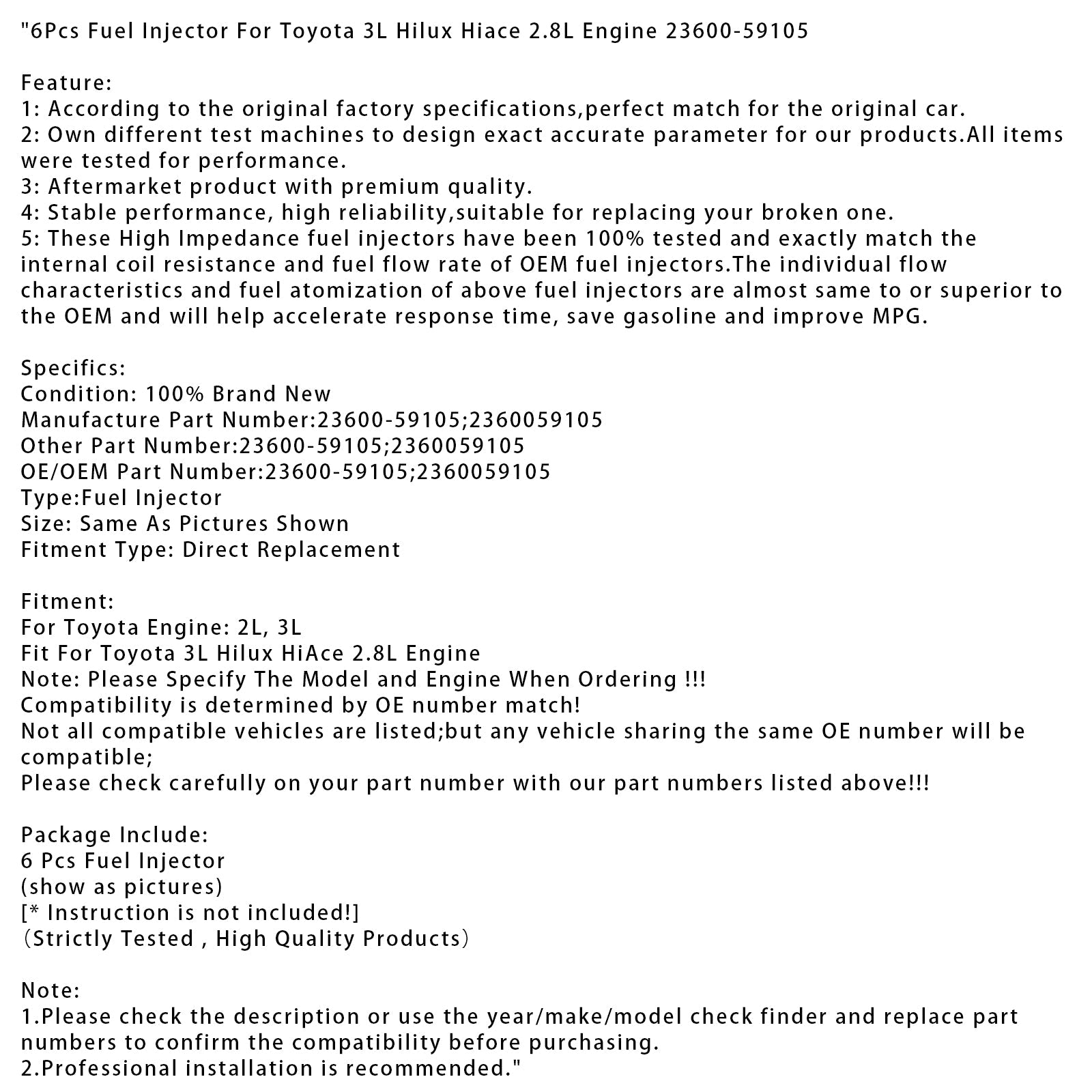 6Pcs Fuel Injector For Toyota 3L Hilux Hiace 2.8L Engine 23600-59105