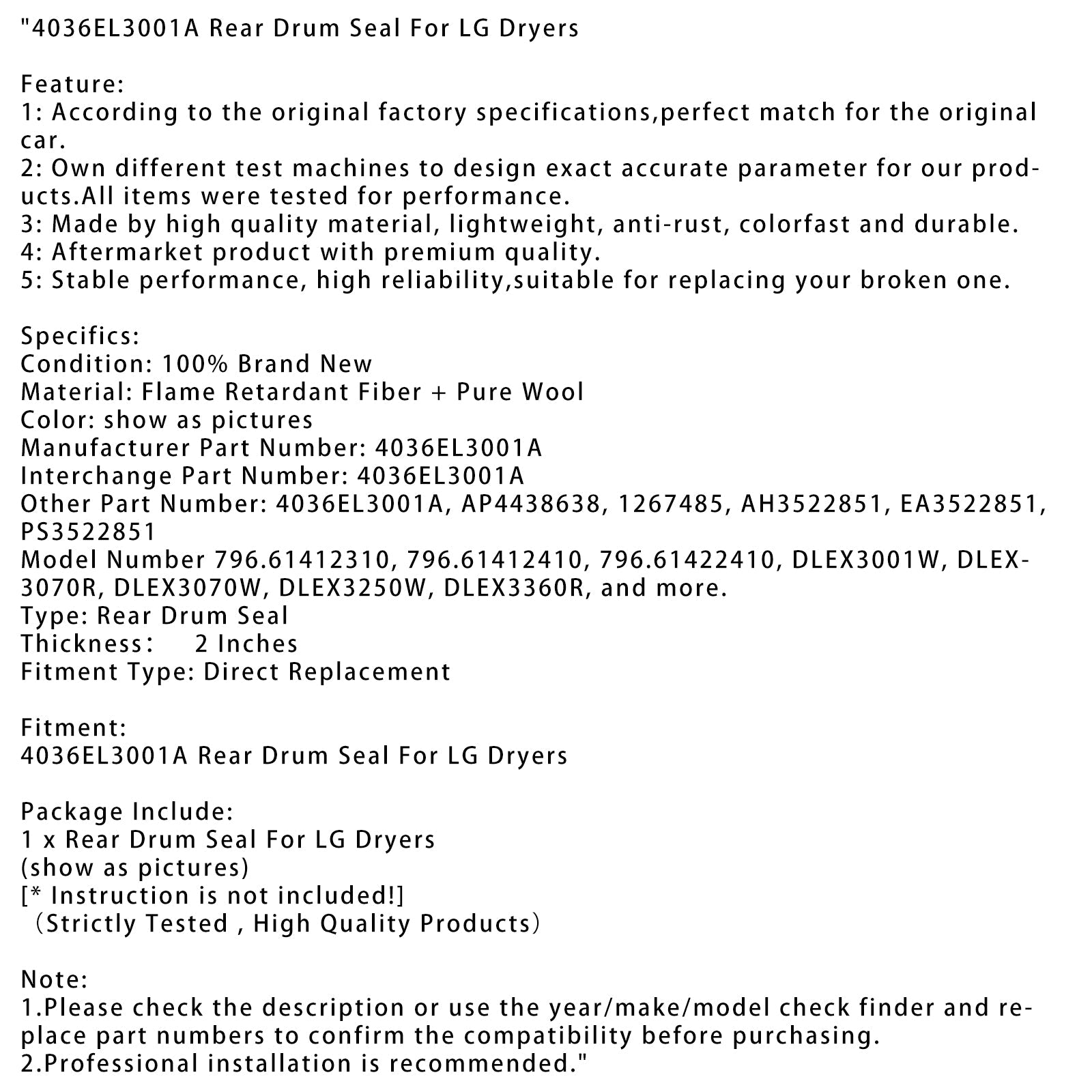 4036EL3001A Rear Drum Seal For LG Dryers