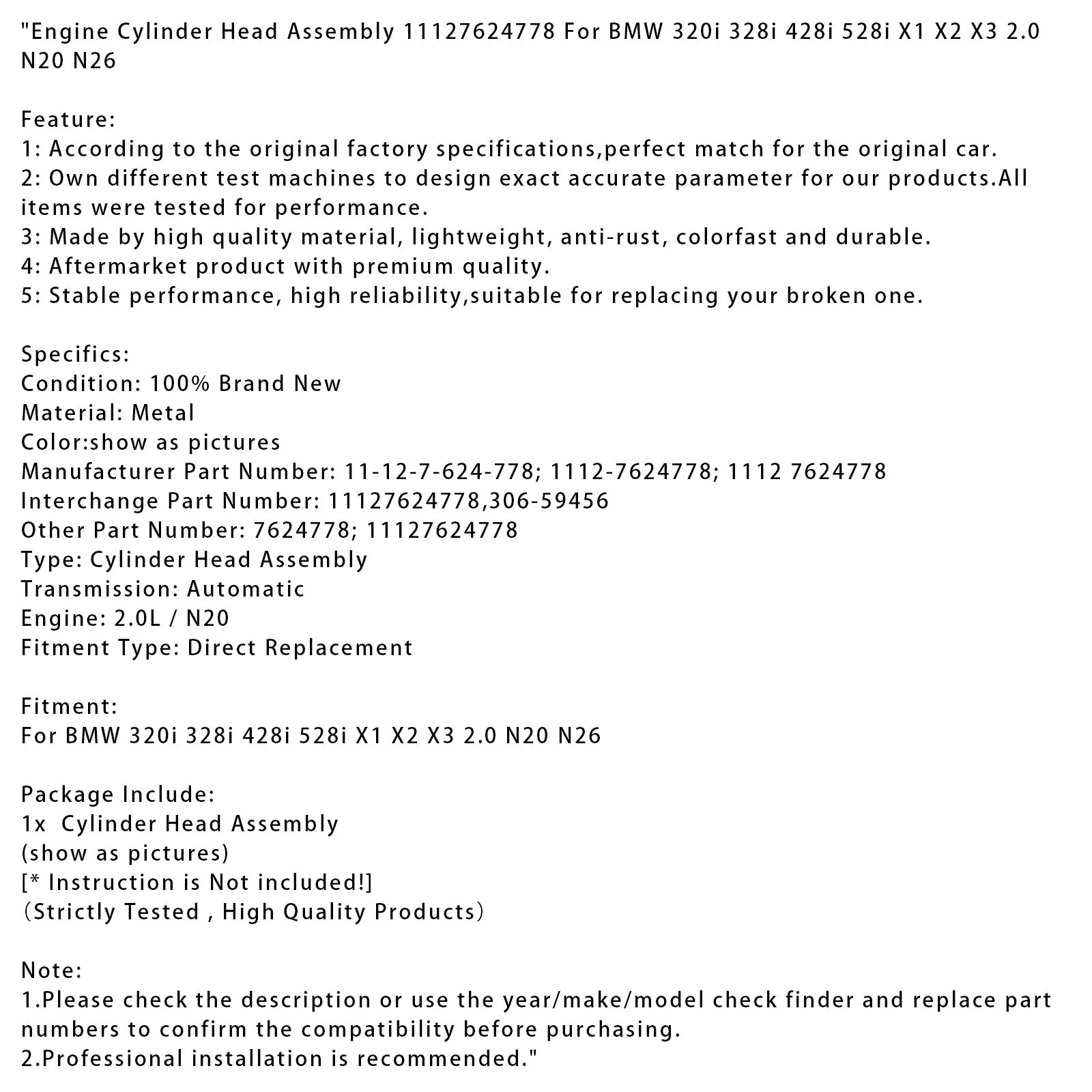 BMW 320i 328i 428i 528i Engine Cylinder Head Assembly 11127624778