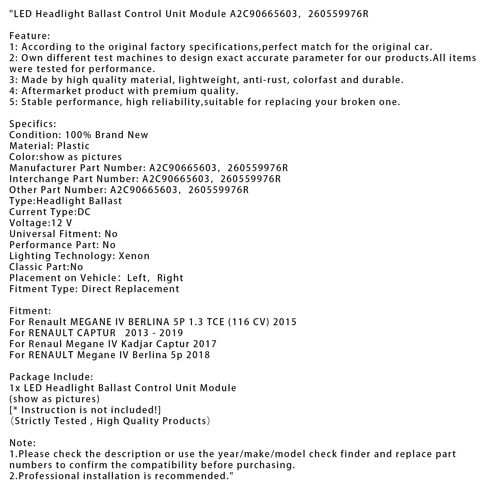 LED Headlight Ballast Control Unit Module A2C90665603??260559976R