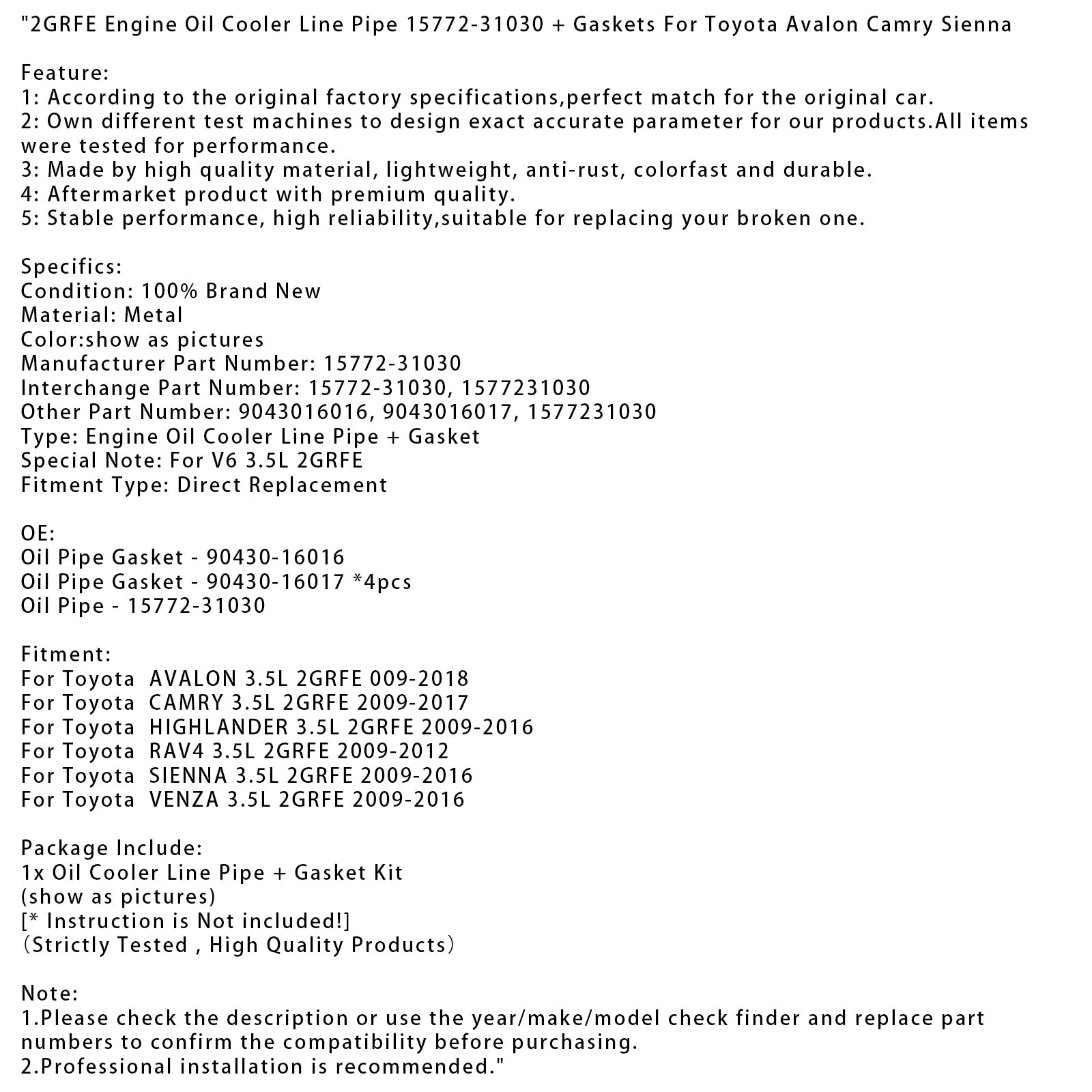 2GRFE Engine Oil Cooler Line Pipe 15772-31030 + Gaskets For Toyota Avalon Camry