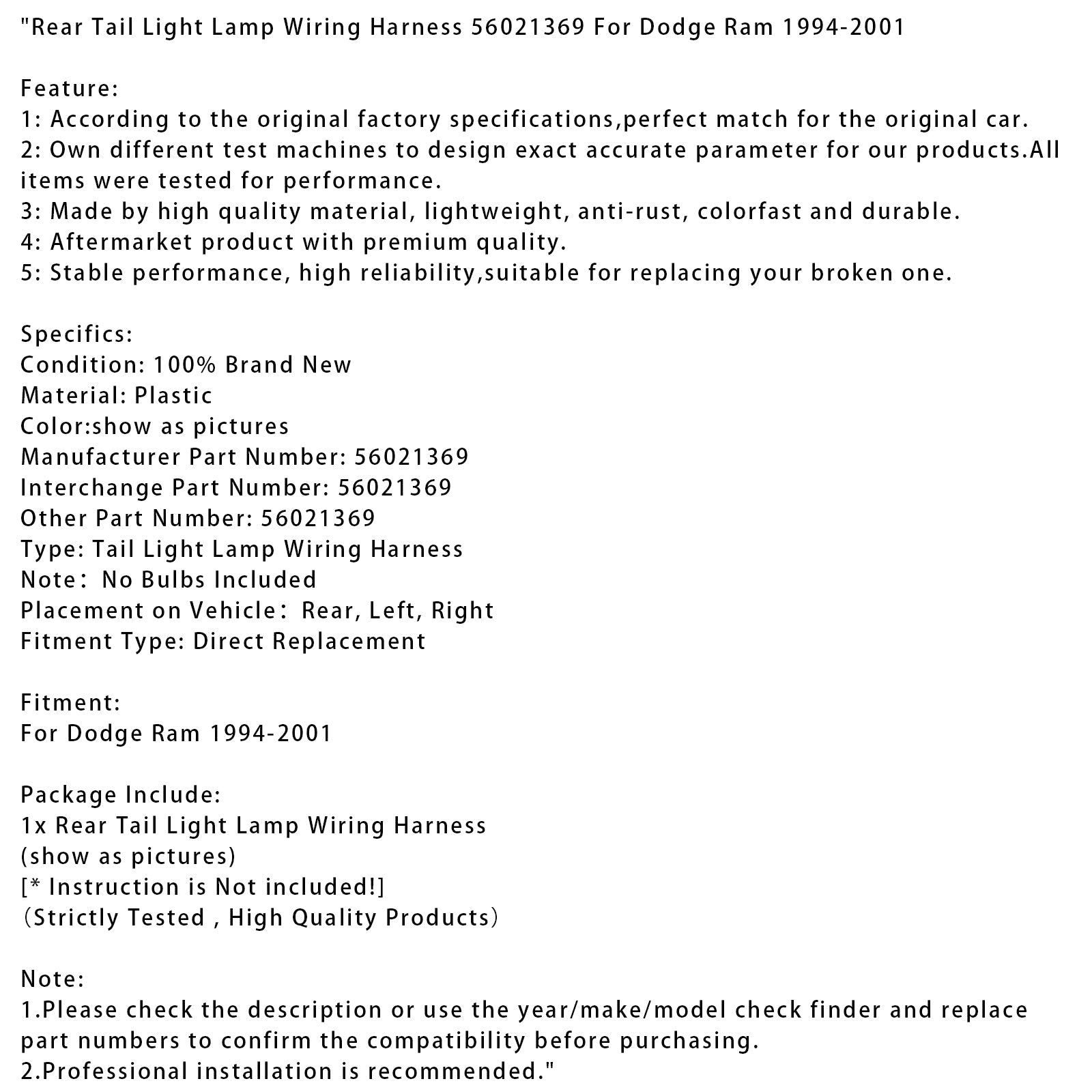 1994-2001 Dodge Ram Rear Tail Light Lamp Wiring Harness 56021369