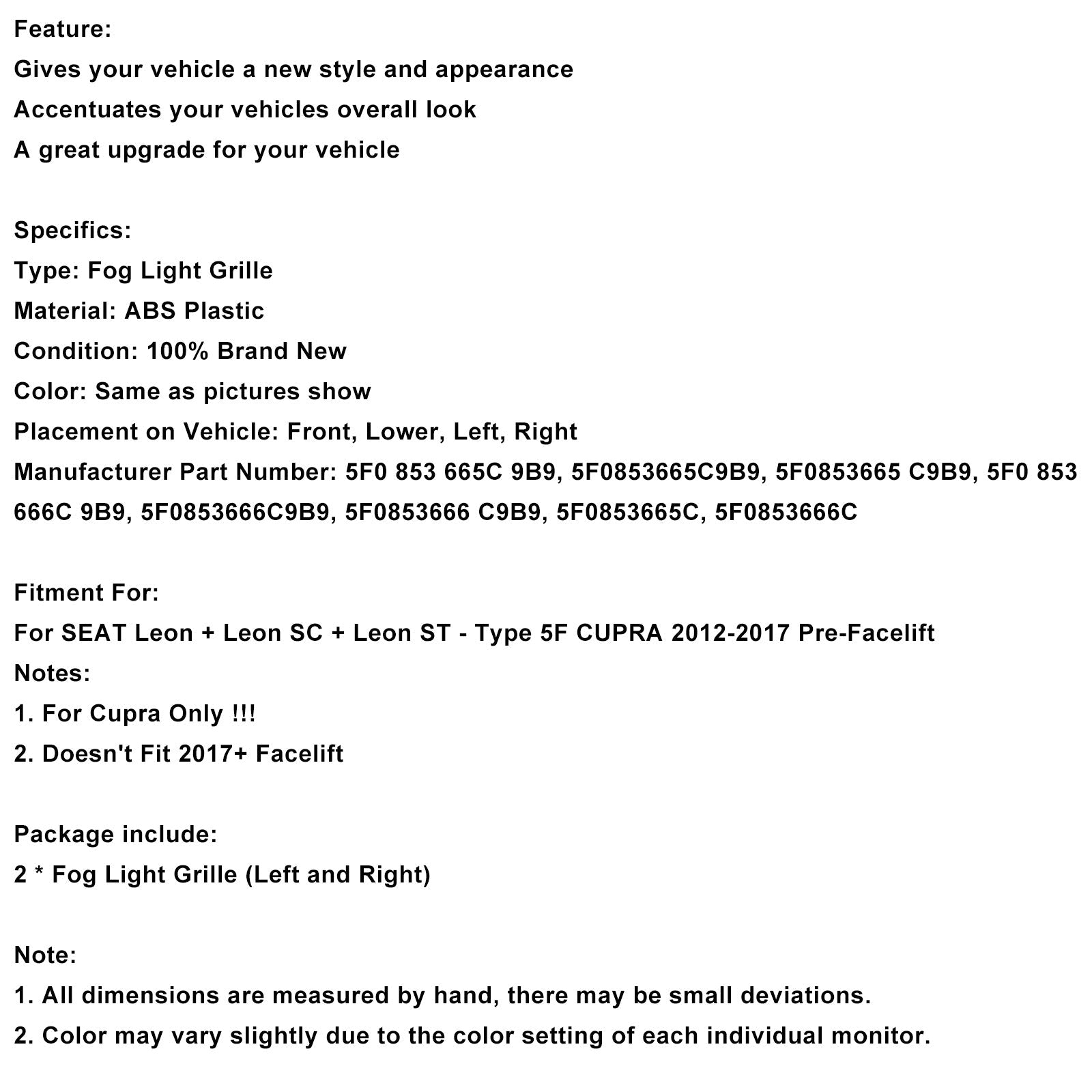 2012-2017 Seat Leon Cupra 5F Black Front Honeycomb Fog Light Grille Cover