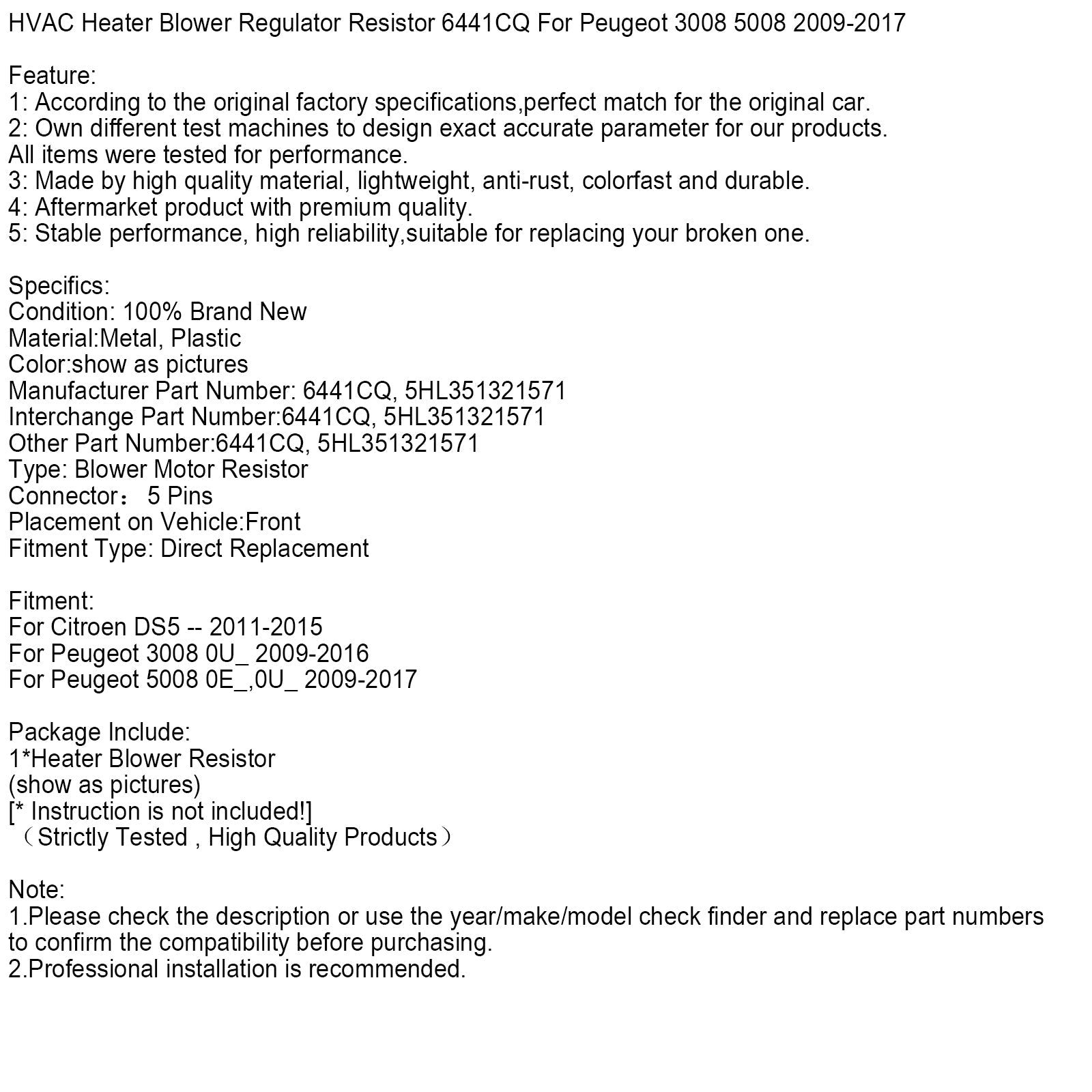 HVAC Heater Blower Regulator Resistor 6441CQ For Peugeot 3008 5008 2009-2017
