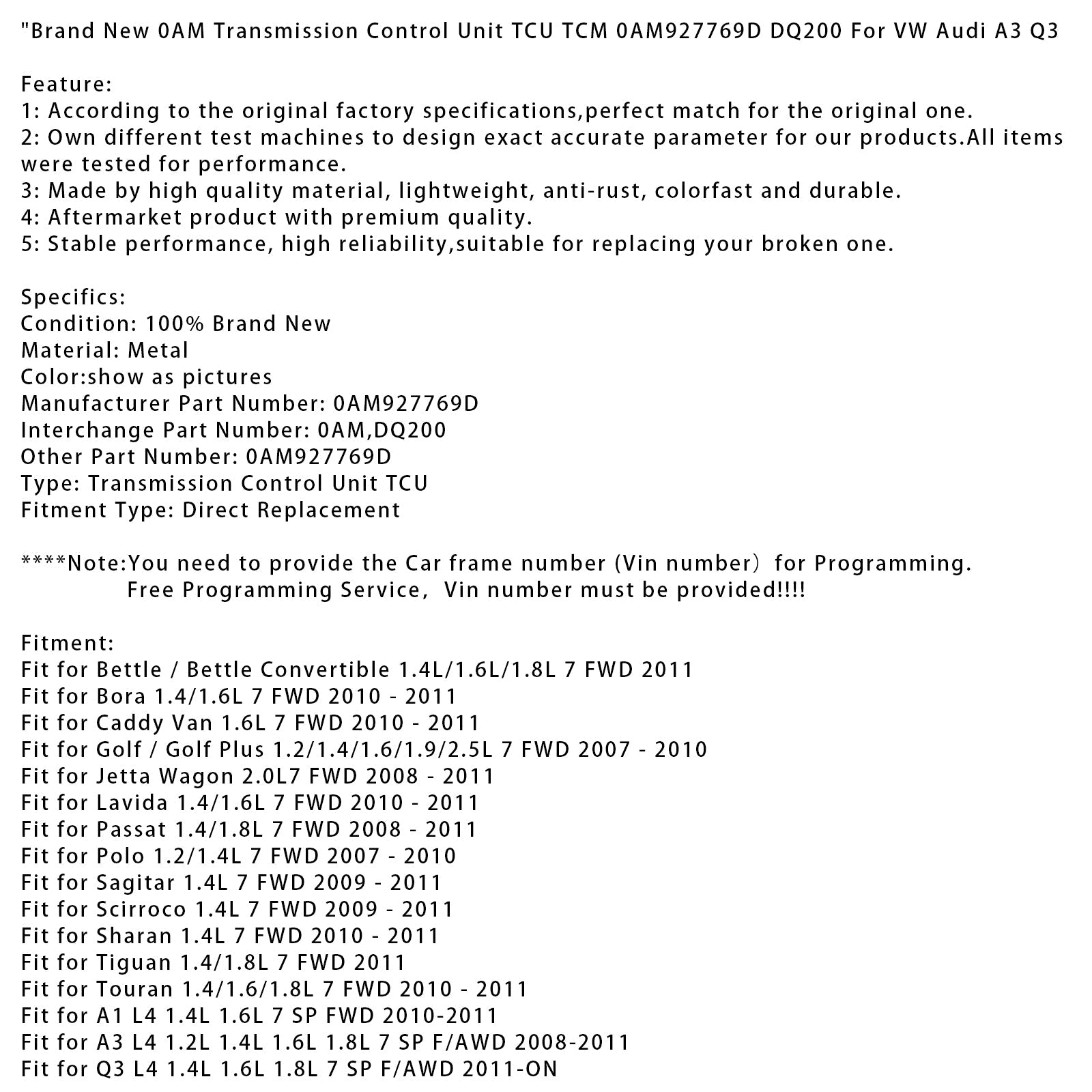 2011-ON MODELA L4 1.4L 1.6L 7 SP FWD Brand New 0AM Transmission Control Unit TCU TCM 0AM927769D DQ200