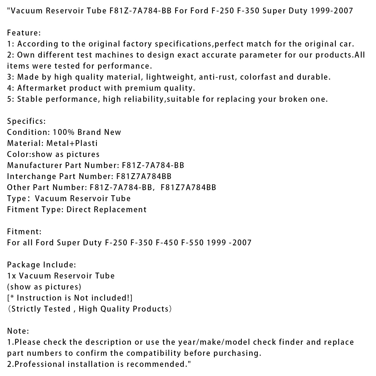 1999-2007 Ford F-250 F-350 Super Duty Vacuum Reservoir Tube F81Z-7A784-BB