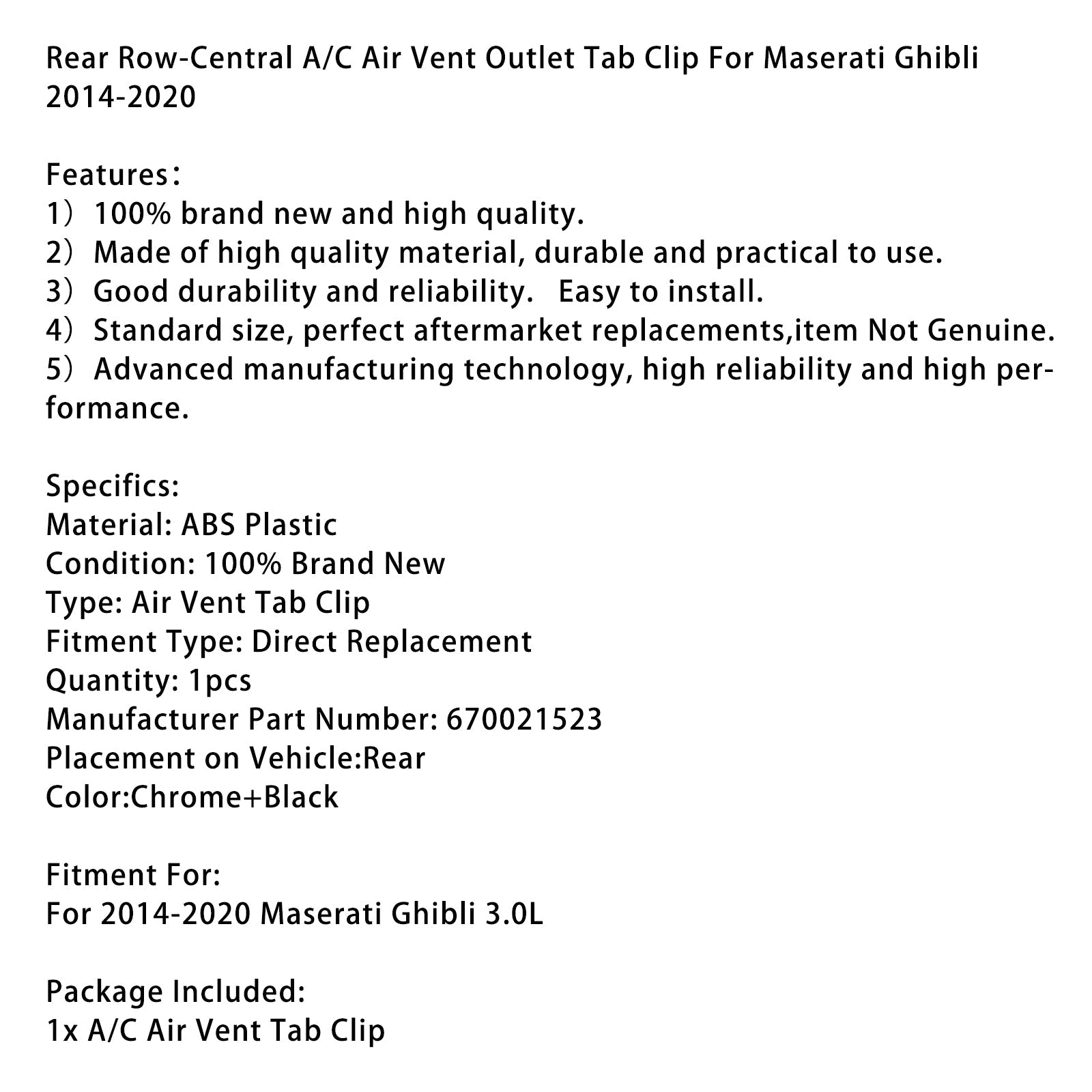 2014-2020 Maserati Ghibli Rear Row-Central A/C Air Vent Outlet Tab Clip 670021523