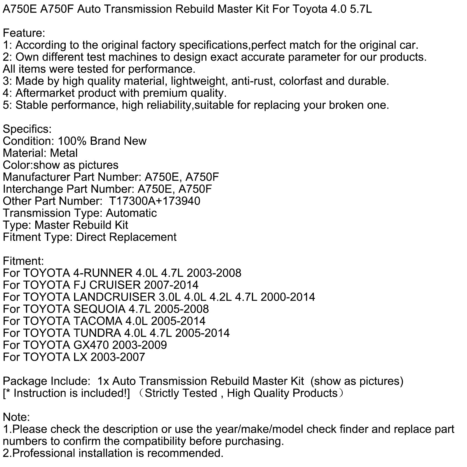 2000-2014 TOYOTA LANDCRUISER 3.0L 4.0L 4.2L 4.7L Auto Transmission Rebuild Master Kit A750E A750F