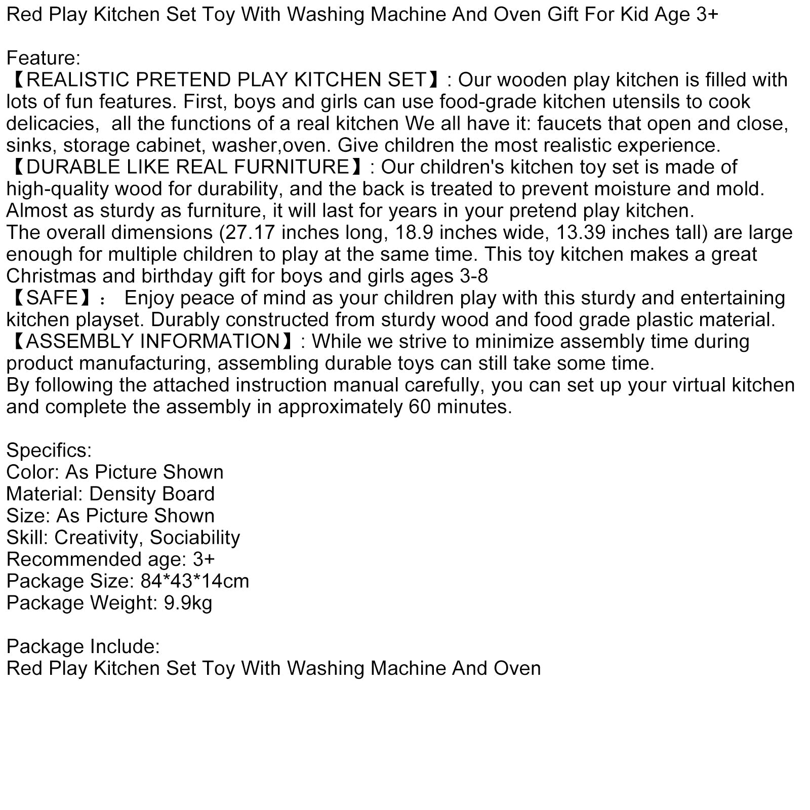 Red Play Kitchen Set Toy With Washing Machine And Oven Gift For Kid Age 3+