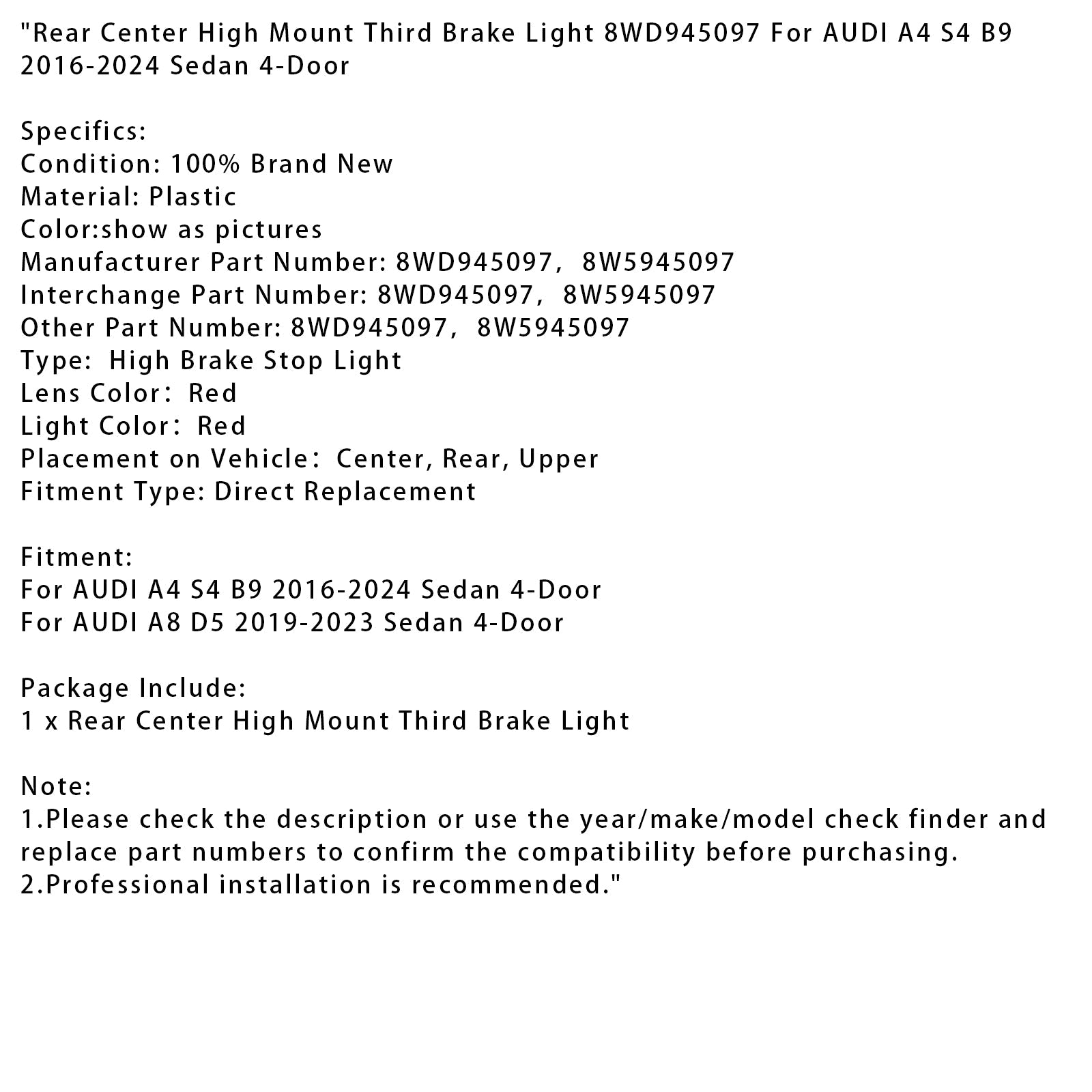 Rear Center High Mount Third Brake Light 8WD945097 For AUDI A4 S4 B9 2016-2024