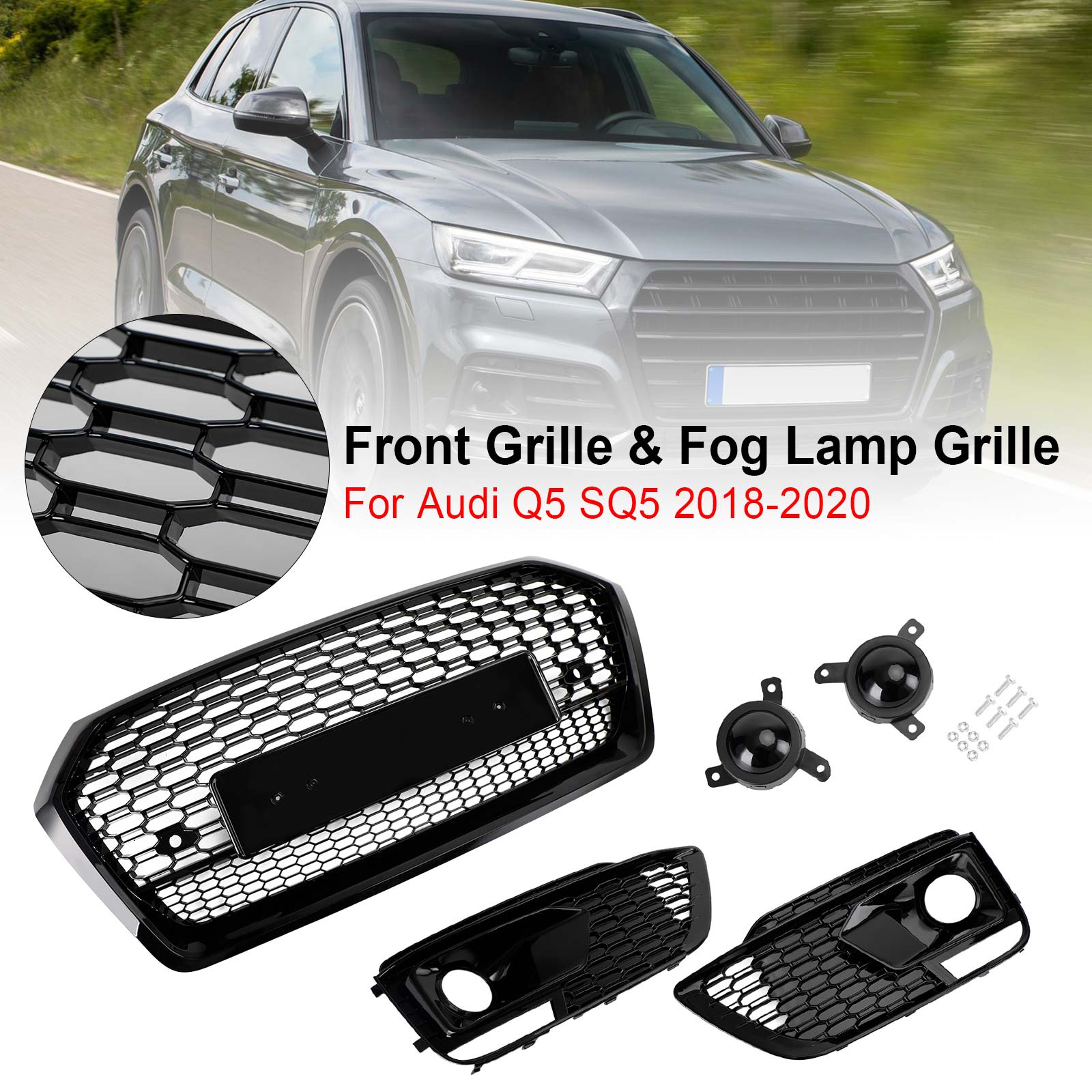 RSQ5 Front Honeycomb Mesh Grill + Fog Lamp Grille Fit Audi Q5 SQ5 2018-2020