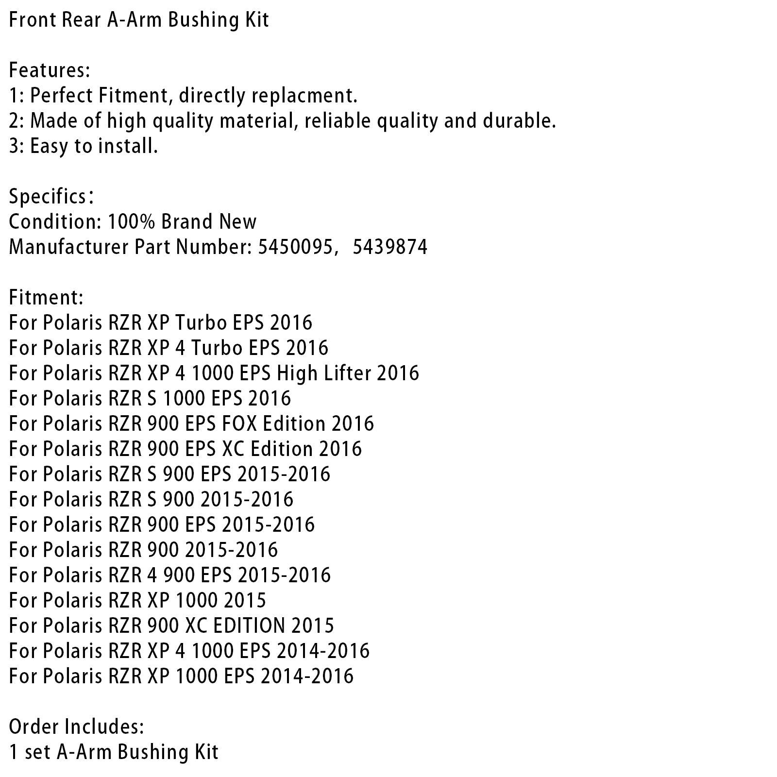 Polaris RZR 900 1000 EPS XP 4 14-16 용 전면 후면 컨트롤 암 부싱 키트